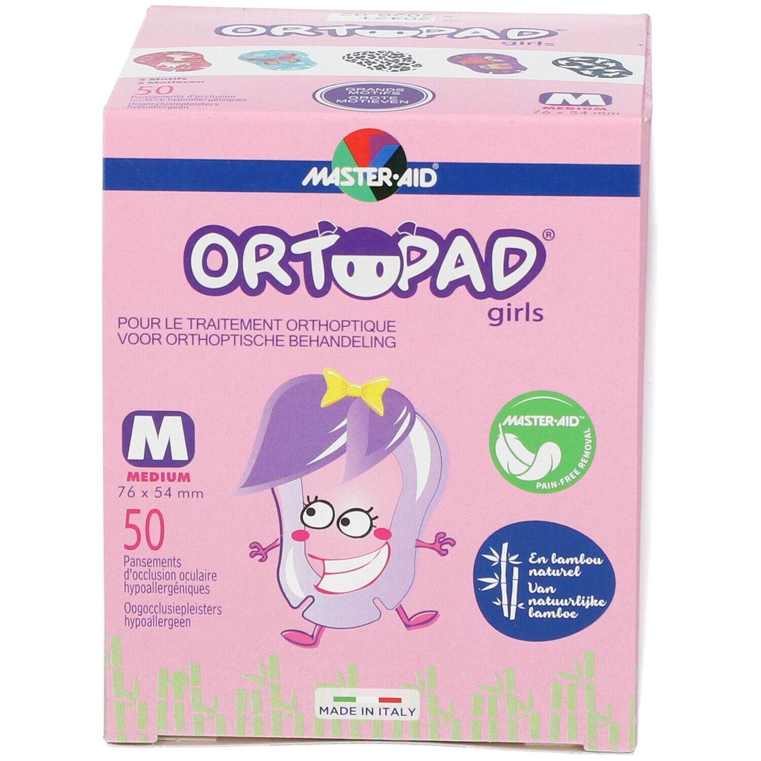 Roze doos met opdruk. Bevat 50 pleisters, maat M, 76 x 54 mm. Illustratie en teksten in meerdere talen.