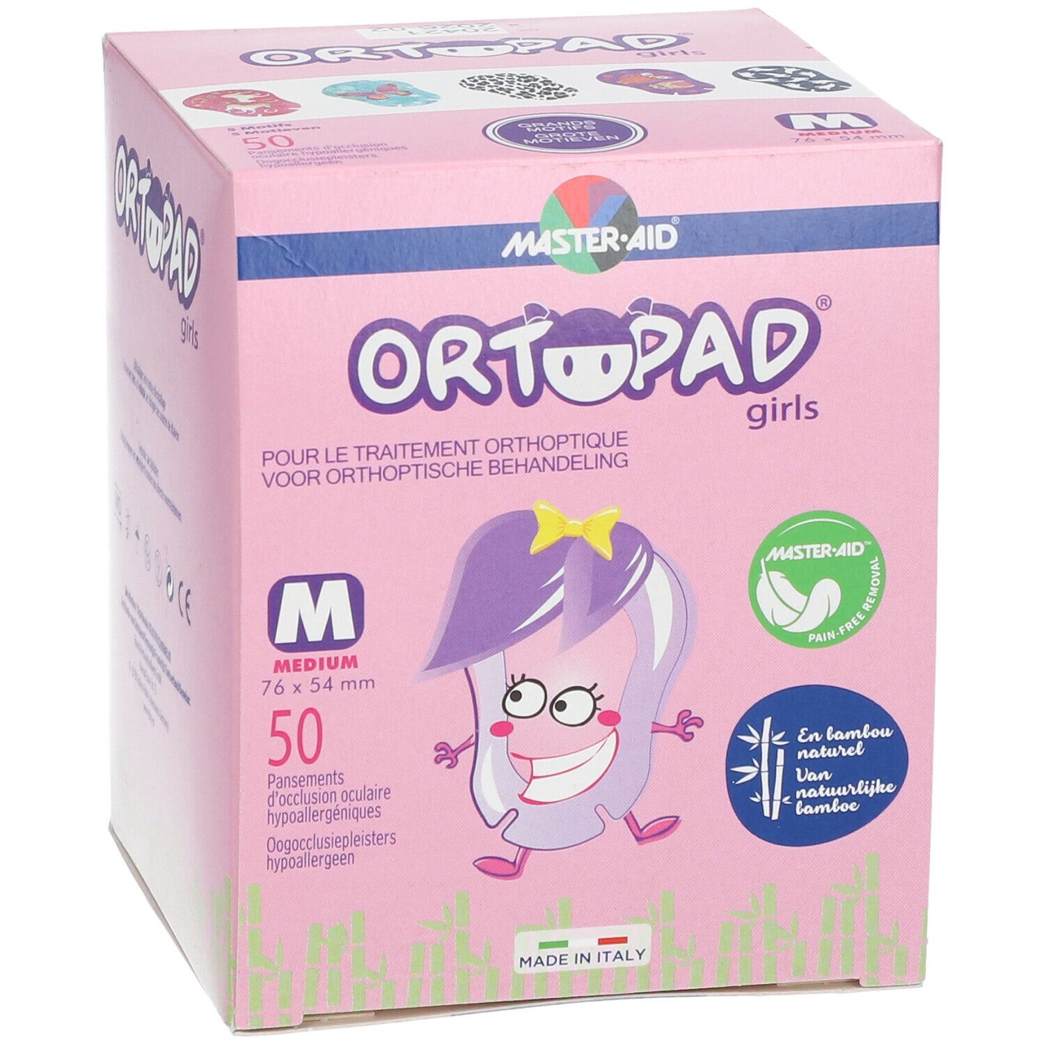 Roze doos met opdruk. Bevat 50 pleisters, maat M, 76 x 54 mm. Illustratie en teksten in meerdere talen.