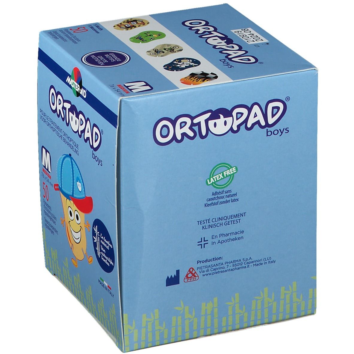 Boîte bleue "ORTOPAD boys". Contient des pansements oculaires. Texte : "Latex Free", "Testé cliniquement".