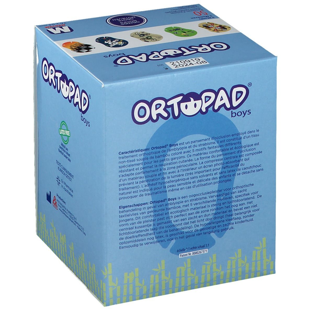 Boîte bleue "ORTOPAD boys". Contient des pansements oculaires. Texte multilingue. Description du produit.