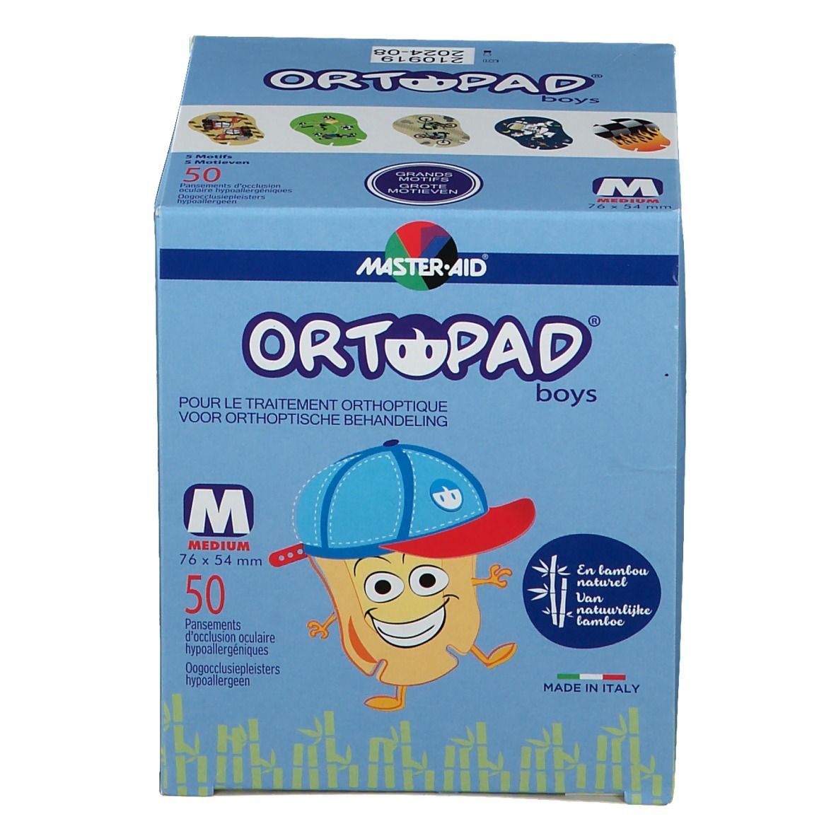 Boîte bleue "ORTOPAD boys". Contient 50 pansements oculaires, taille M. Illustration d'un garçon.
