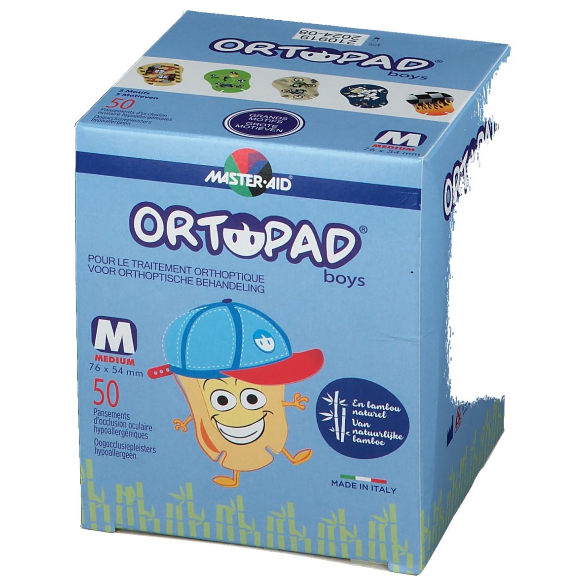 Boîte bleue "ORTOPAD boys". Contient 50 pansements oculaires, taille M. Illustration d'un garçon.