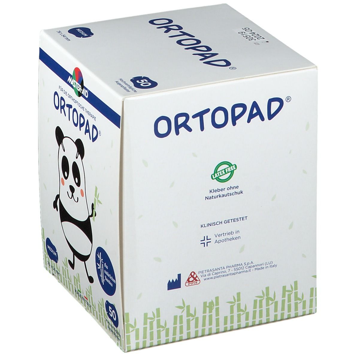 Boîte de 50 pansements oculaires. Inscription : ORTOPAD, illustration de panda, sans latex. Fabricant : MASTER-AID.