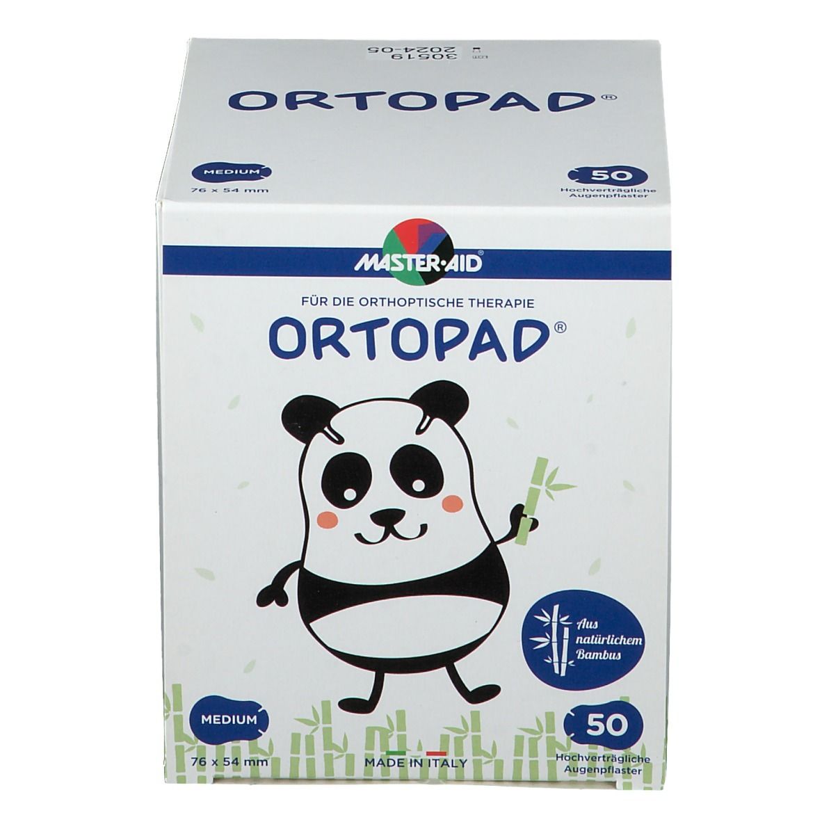 Boîte de 50 pansements oculaires. Inscription : ORTOPAD, illustration de panda, taille Medium, 76 x 54 mm. Fabricant : MASTER-AID.