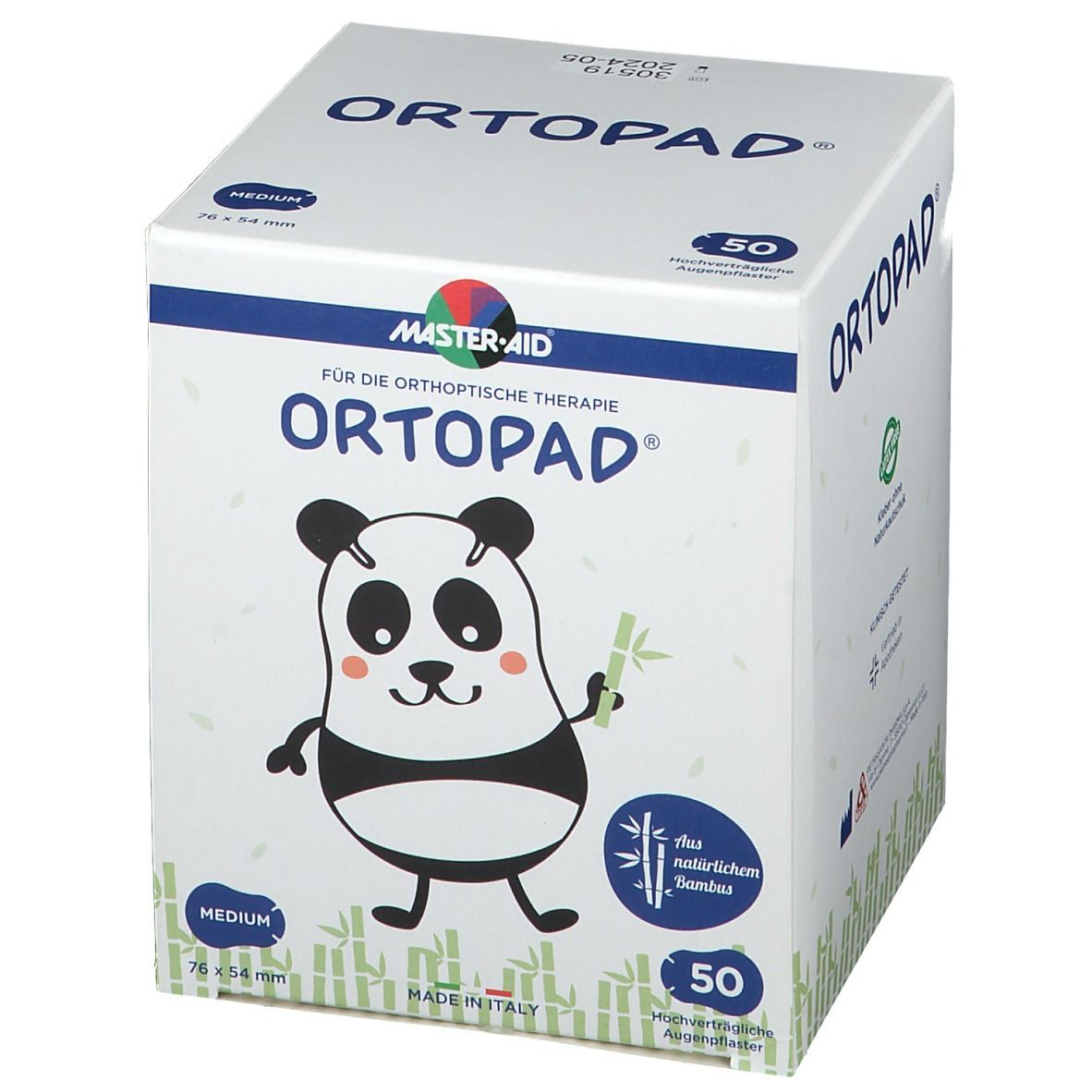 Boîte de 50 pansements oculaires. Inscription : ORTOPAD, illustration de panda, taille Medium, 76 x 54 mm. Fabricant : MASTER-AID.