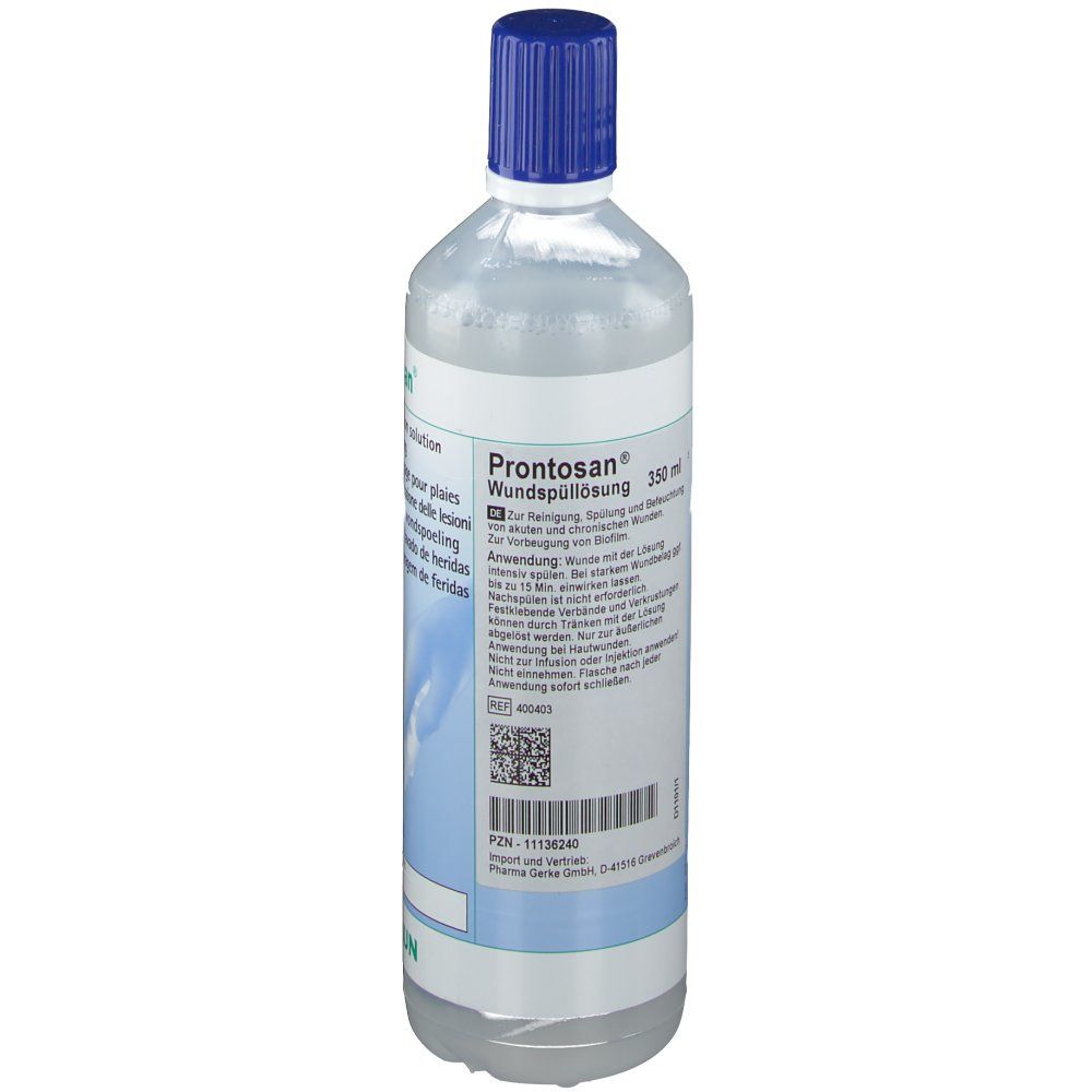 Flacon de liquide clair avec bouchon bleu. Étiquette avec nom du produit et texte.