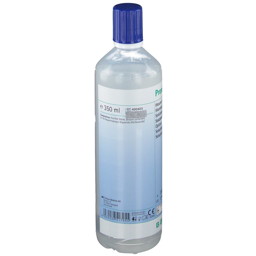 Flacon de liquide clair avec bouchon bleu. Étiquette avec nom du produit et texte.