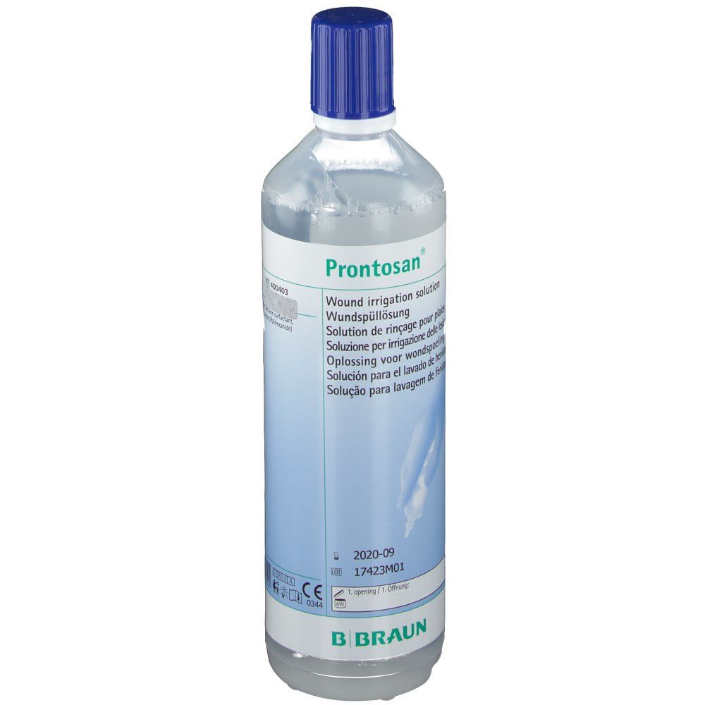 Flacon de liquide clair avec bouchon bleu. Étiquette avec nom du produit et texte.