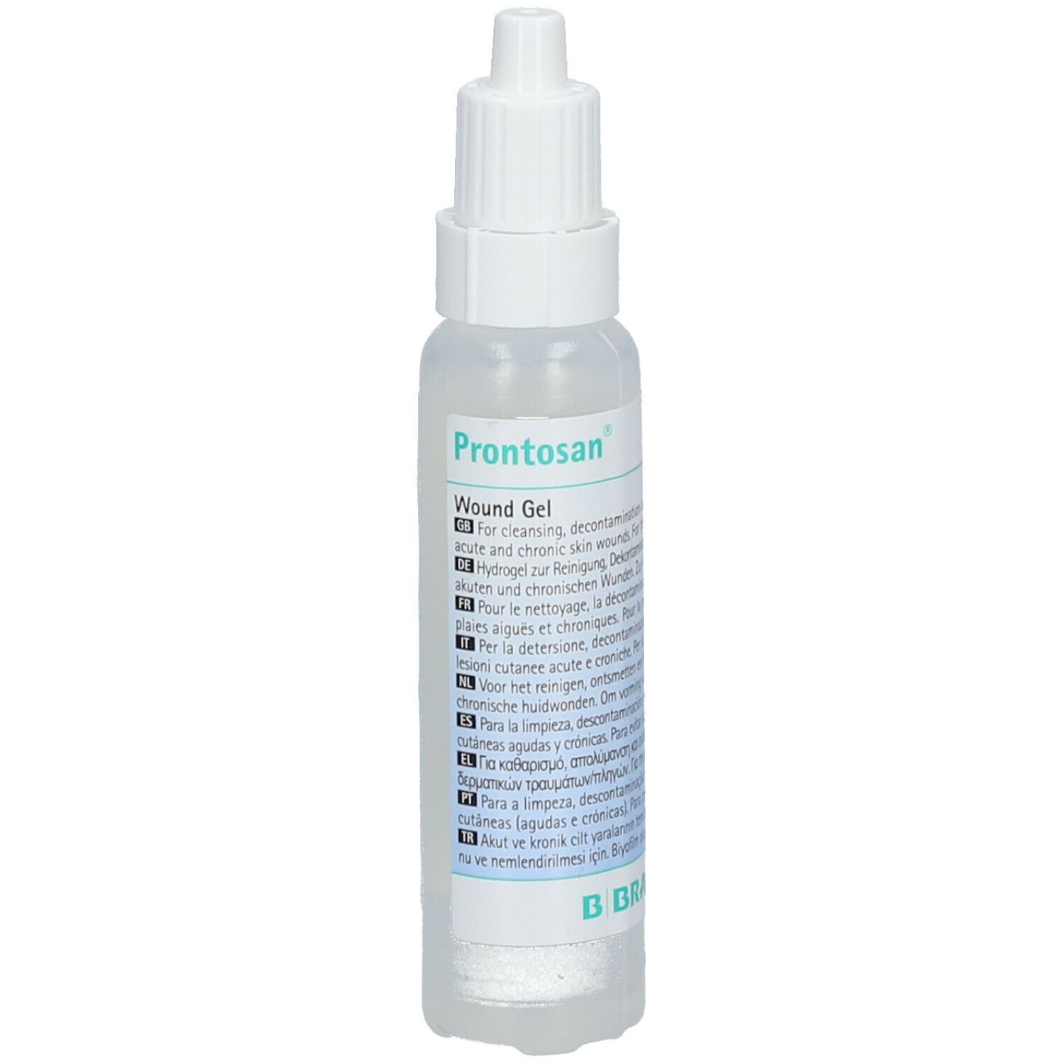 Transparente Flasche mit weißem Verschluss. Aufschrift: Prontosan Wund Gel. B. Braun Logo.
