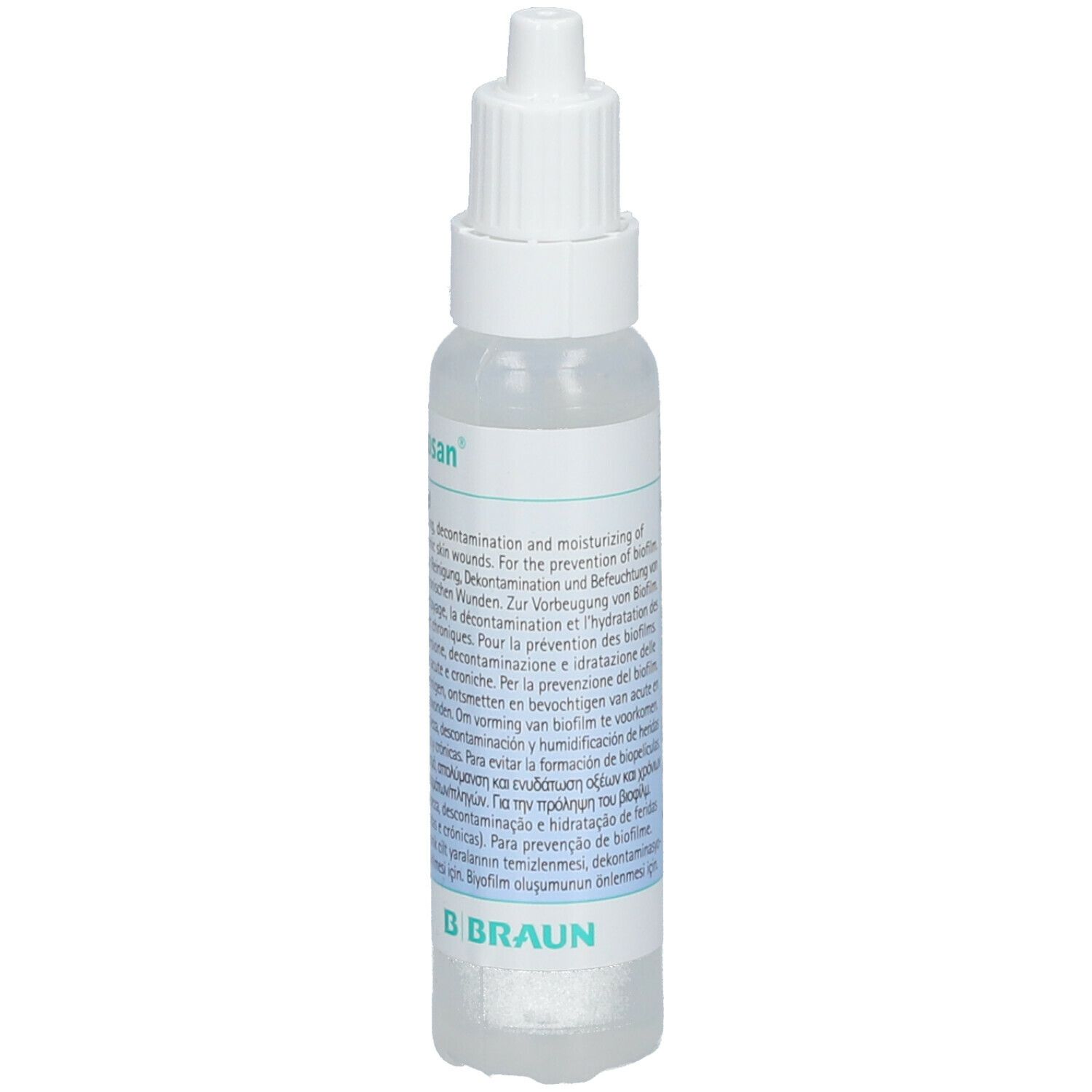 Transparente Flasche mit weißem Verschluss. Aufschrift: Prontosan. Rückseite mit Informationen. B. Braun Logo.
