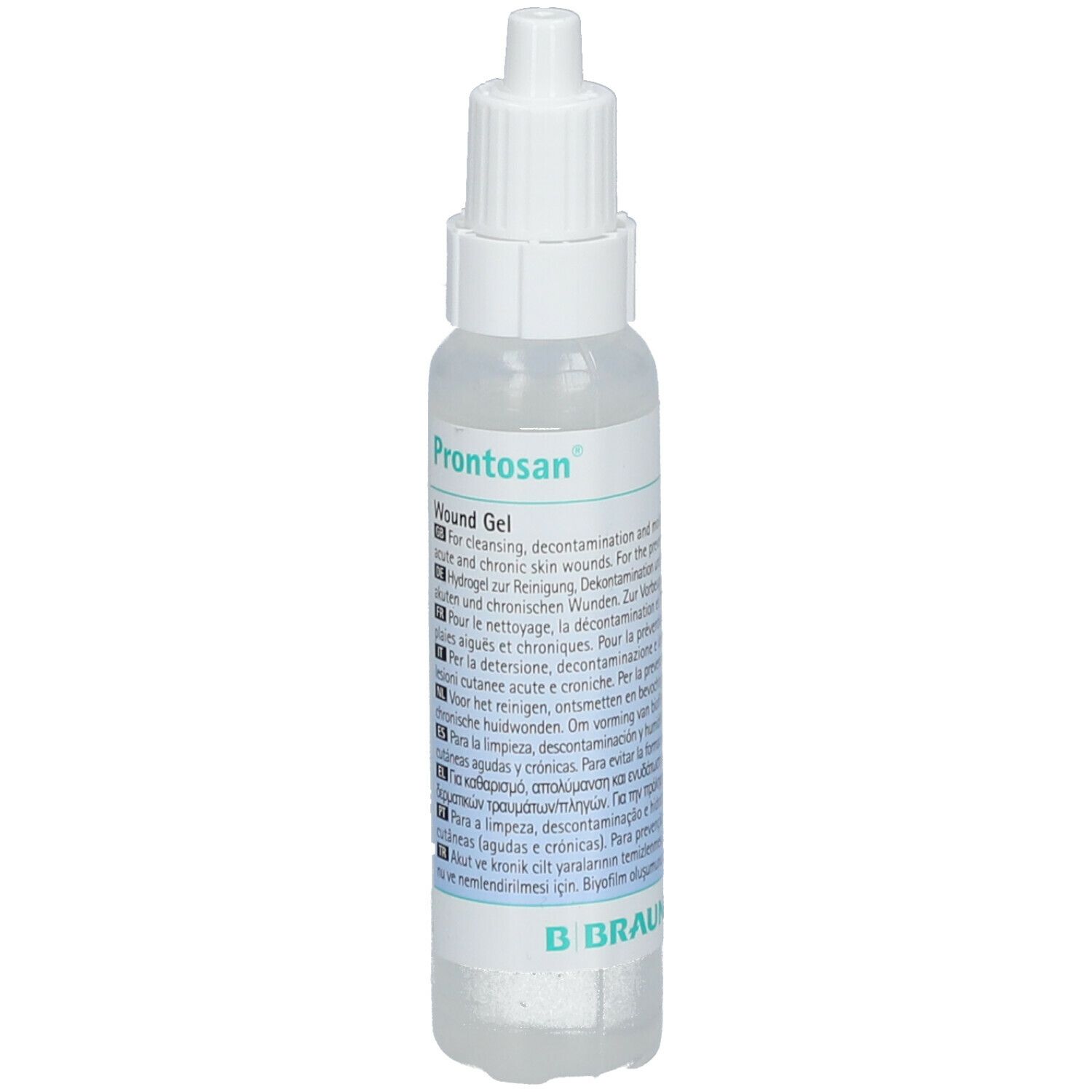 Transparente Flasche mit weißem Verschluss. Aufschrift: Prontosan Wund Gel. B. Braun Logo.