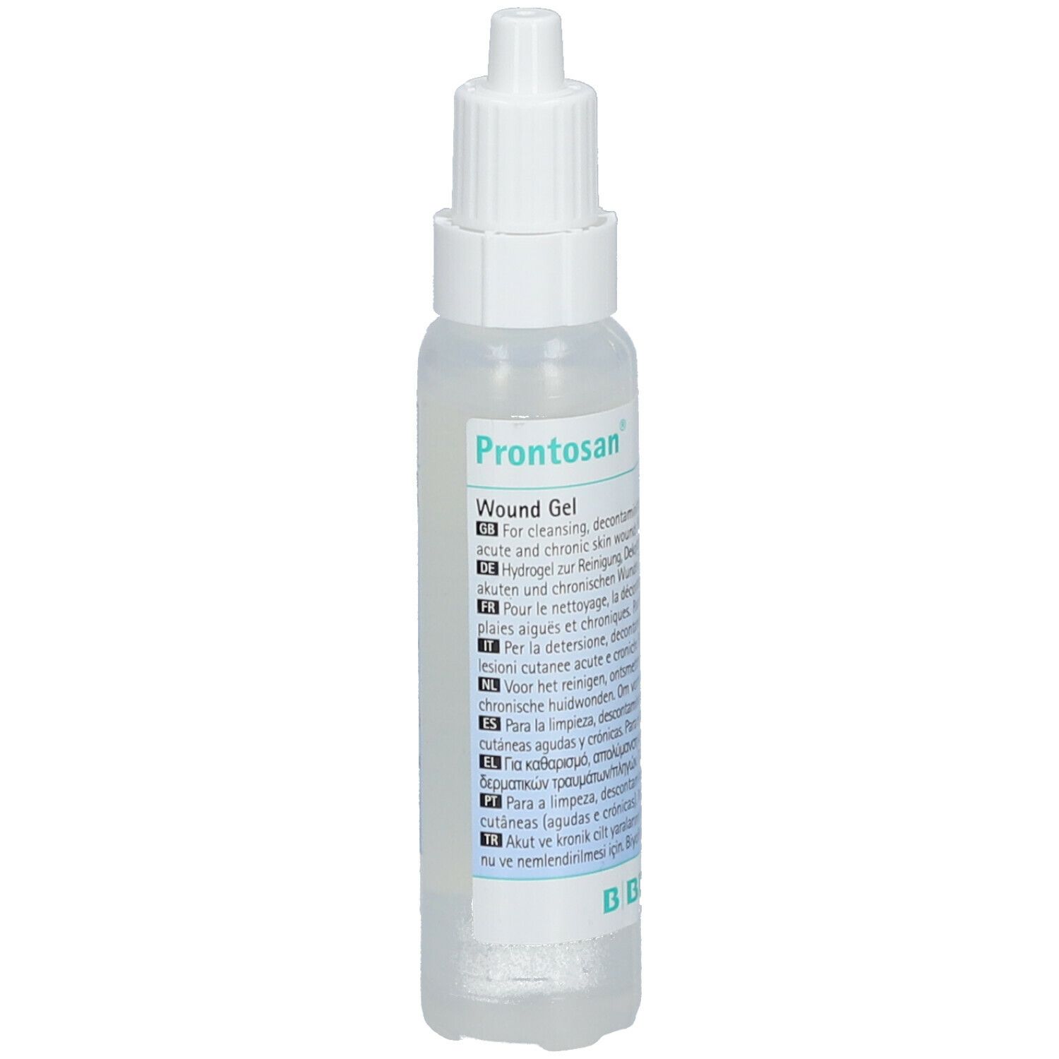 Transparente Flasche mit weißem Verschluss. Aufschrift: Prontosan Wund Gel. B. Braun Logo.
