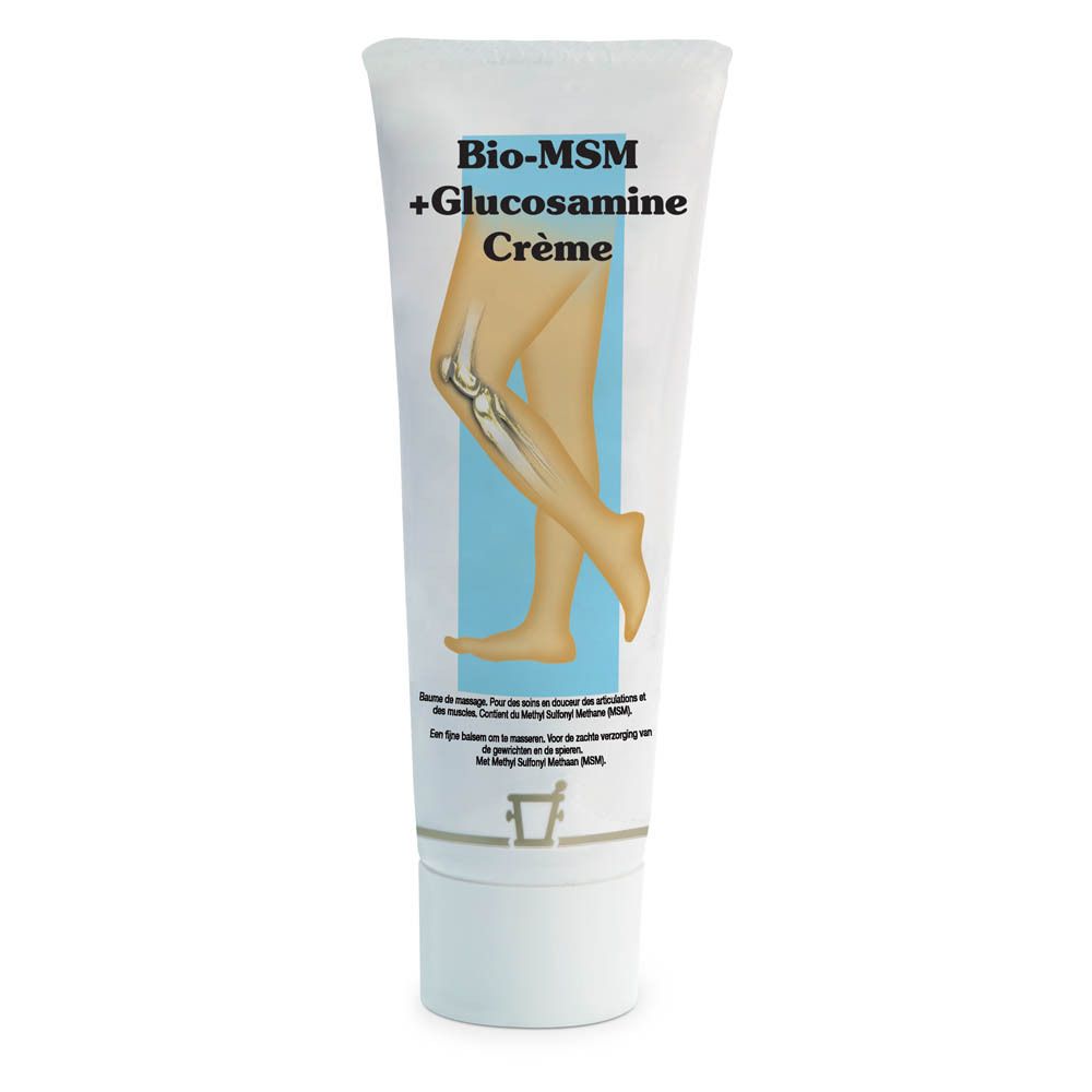 Tube de crème avec nom du produit et illustration d'un genou et d'une jambe. Texte : Bio-MSM + Glucosamine Crème.