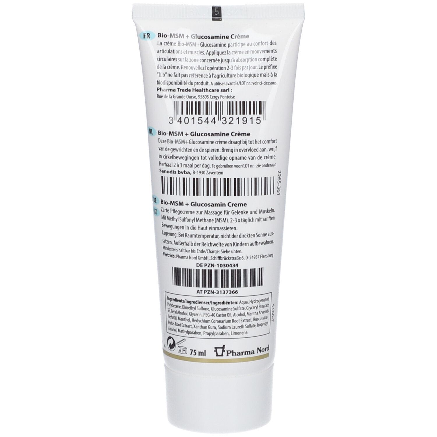 Dos d'un tube de crème. Texte : Bio-MSM + Glucosamine Crème. Ingrédients, informations fabricant et code-barres.