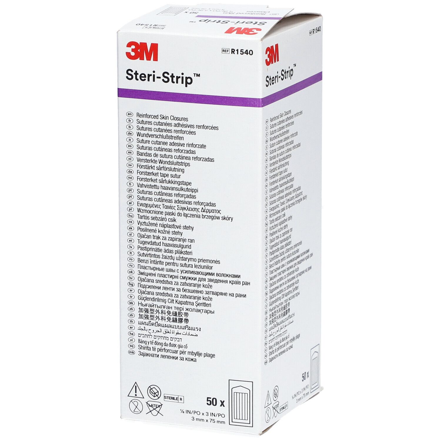 3M Steri-Strip™ Verpackung. Enthält 50 Streifen. Aufschrift: 3 x 76 mm. Produktname und Logo deutlich sichtbar.