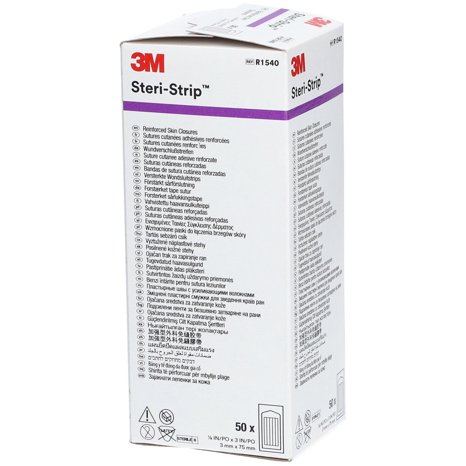 3M Steri-Strip™ Verpackung. Enthält 50 Streifen. Aufschrift: 3 x 76 mm. Produktname und Logo deutlich sichtbar.