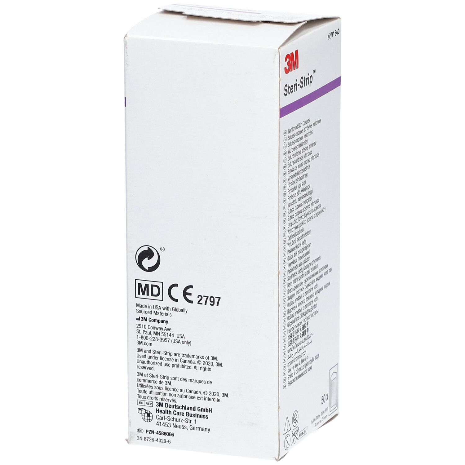 Rückseite der 3M Steri-Strip™ Verpackung. MD CE 2797 Kennzeichnung. Herstellerinformationen und Logo.