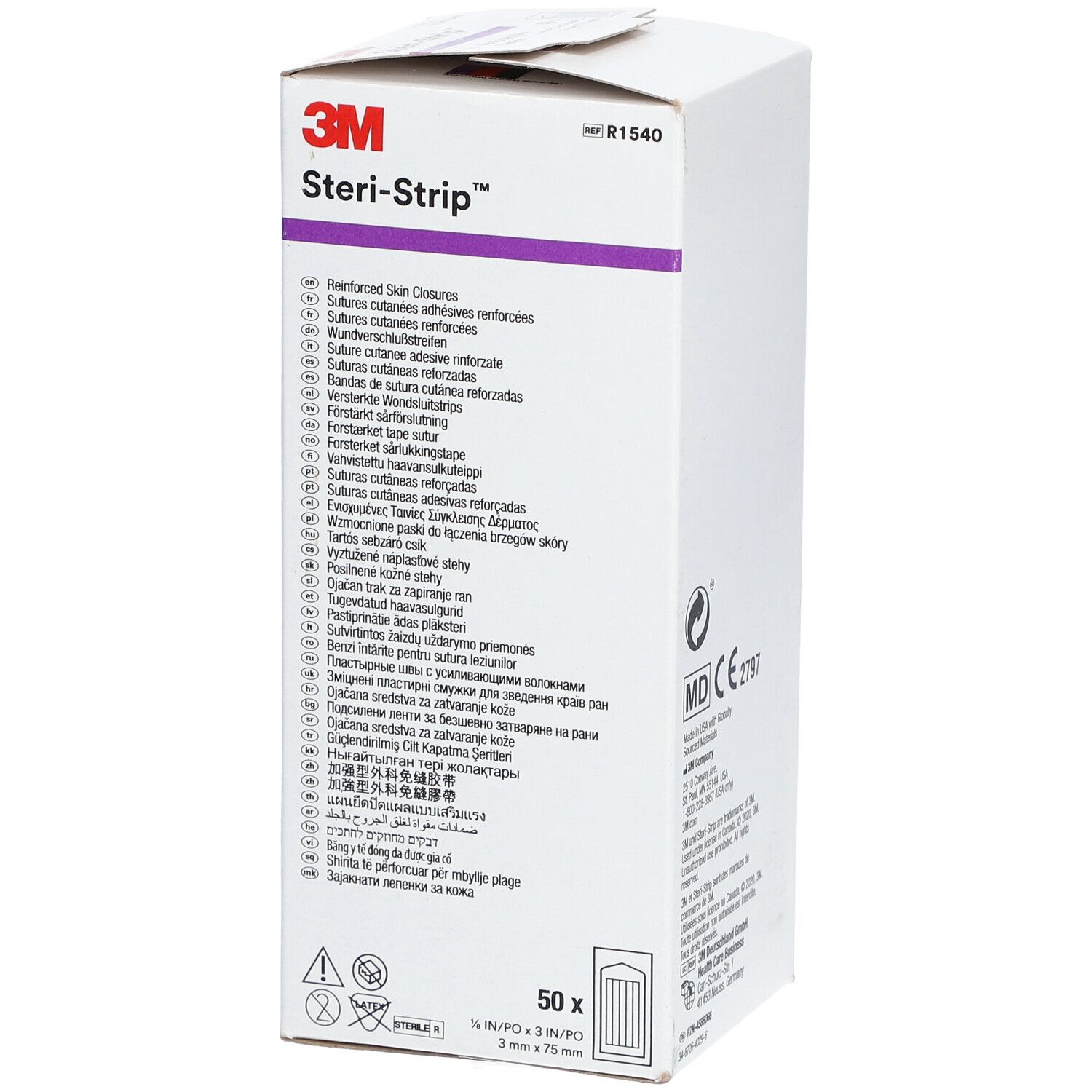 3M Steri-Strip™ Verpackung. Enthält 50 Streifen. Aufschrift: 3 x 76 mm. Produktname und Logo deutlich sichtbar.