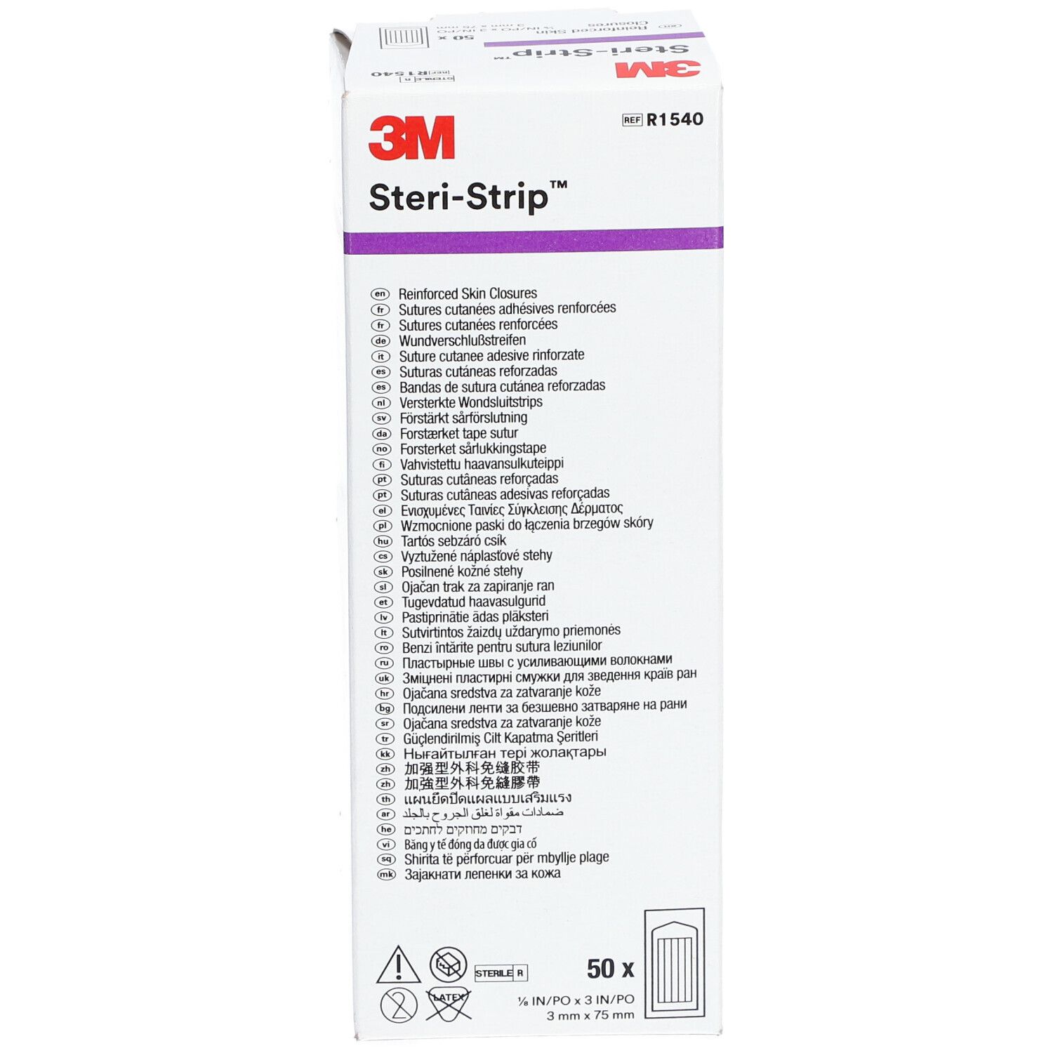 3M Steri-Strip™ Verpackung. Enthält 50 Streifen. Aufschrift: 3 x 76 mm. Produktname und Logo deutlich sichtbar.