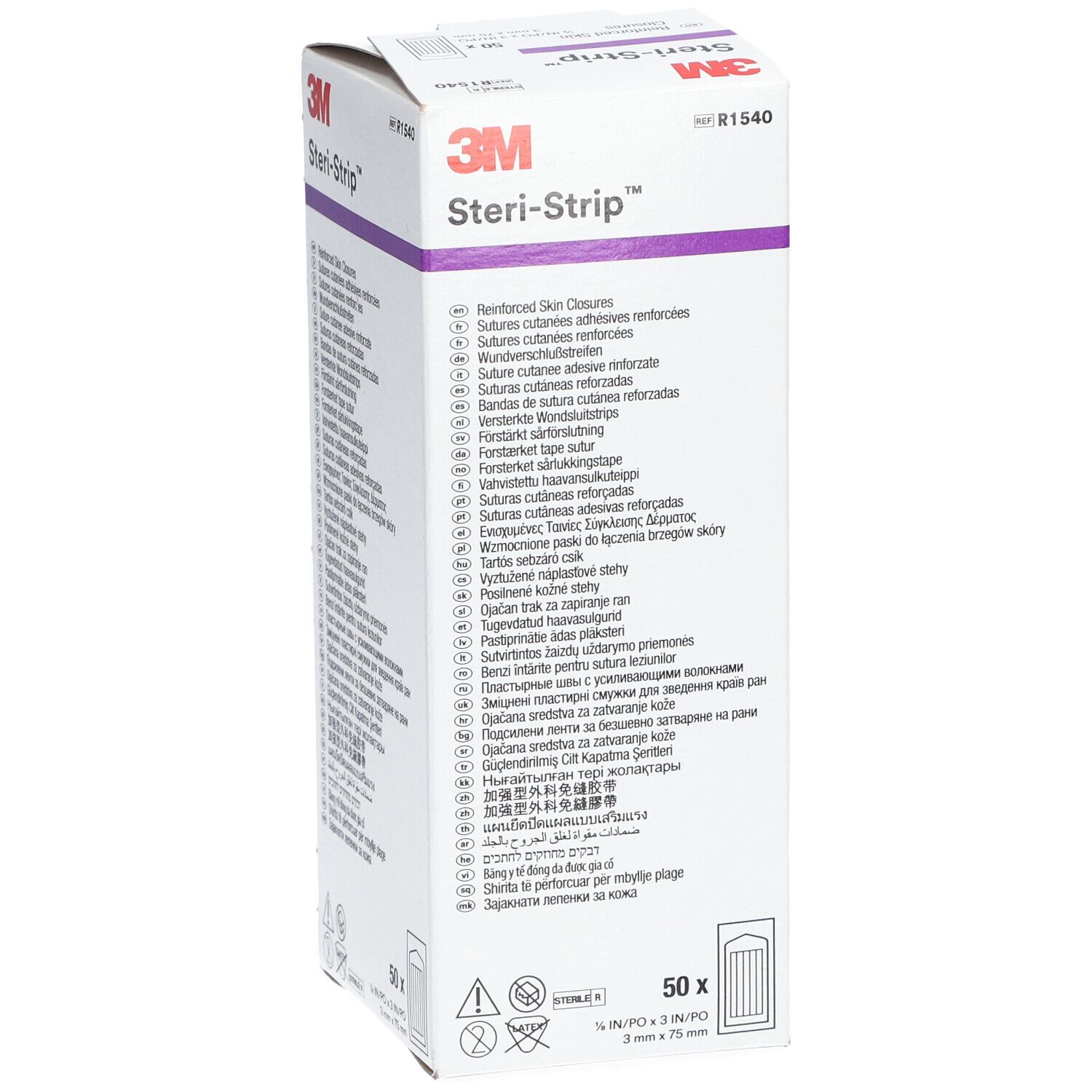 3M Steri-Strip™ Verpackung. Enthält 50 Streifen. Aufschrift: 3 x 76 mm. Produktname und Logo deutlich sichtbar.