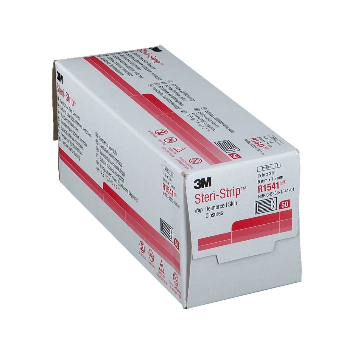 3M Steri-Strip™ Verpackung. Enthält 50 Streifen. Größe: 6 x 76 mm. Produktname und Marke deutlich sichtbar.