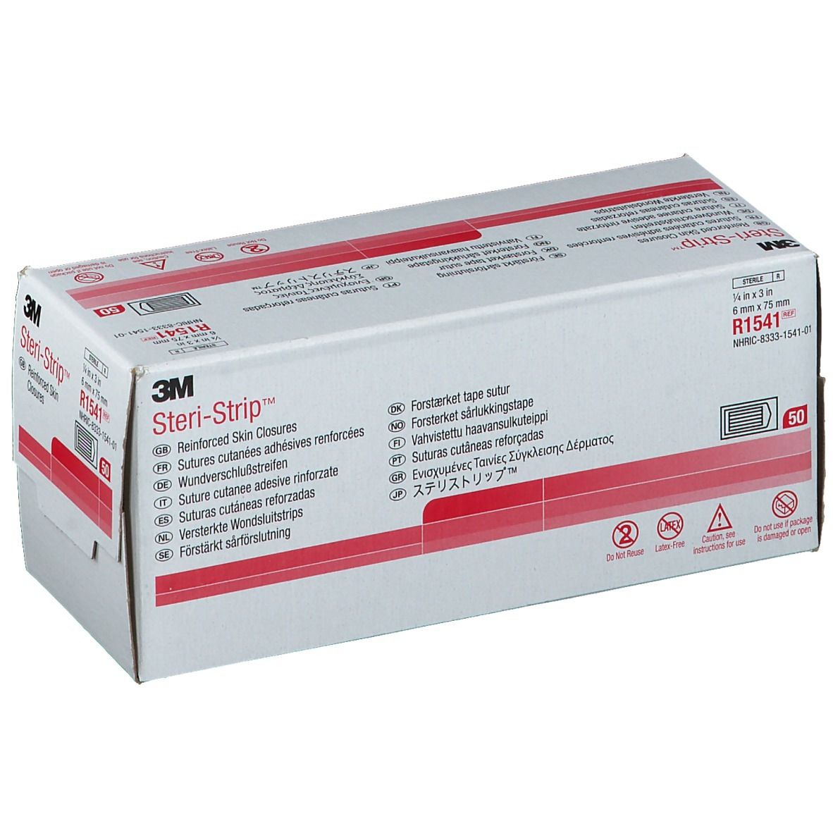3M Steri-Strip™ Verpackung. Enthält 50 Streifen. Größe: 6 x 76 mm. Produktname und Marke deutlich sichtbar.