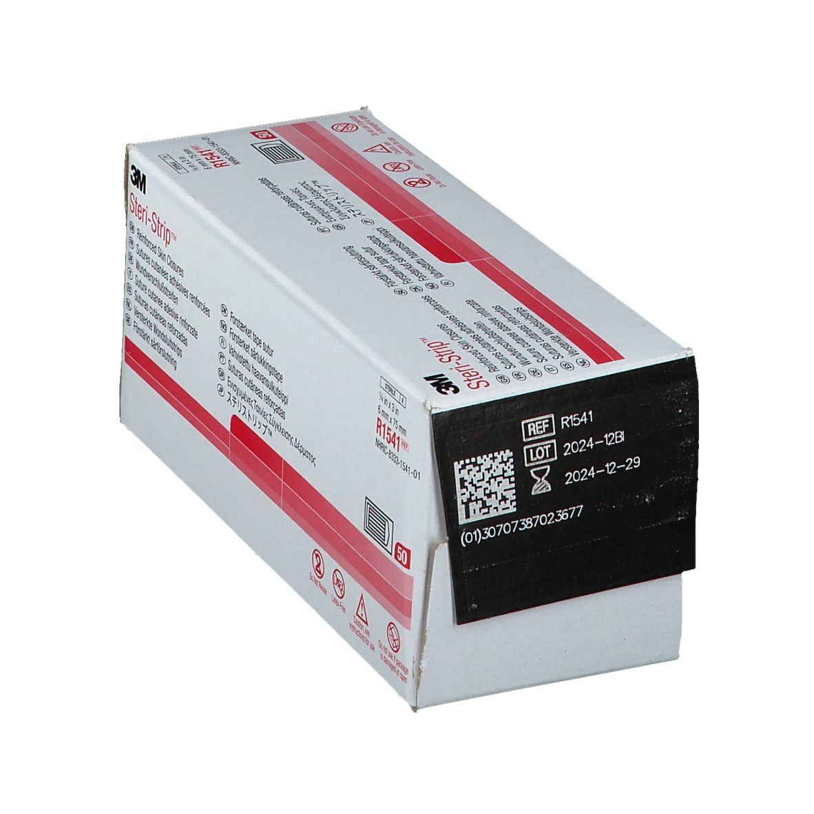 3M Steri-Strip™ Verpackung. Enthält 50 Streifen. Größe: 6 x 76 mm. Produktname und Marke deutlich sichtbar. Mit Chargennummer.