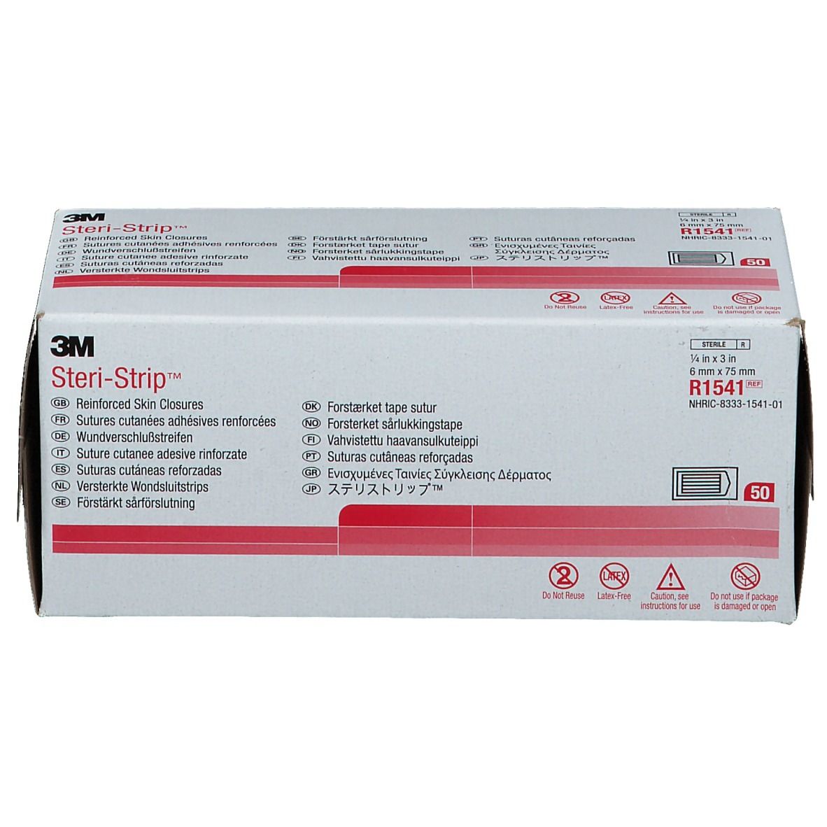 3M Steri-Strip™ Verpackung. Enthält 50 Streifen. Größe: 6 x 76 mm. Produktname und Marke deutlich sichtbar.