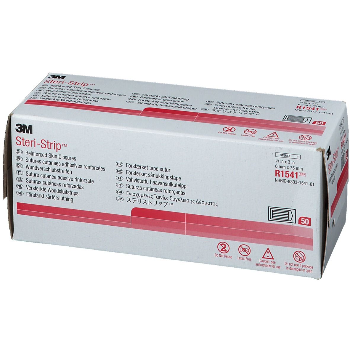 3M Steri-Strip™ Verpackung. Enthält 50 Streifen. Größe: 6 x 76 mm. Produktname und Marke deutlich sichtbar.