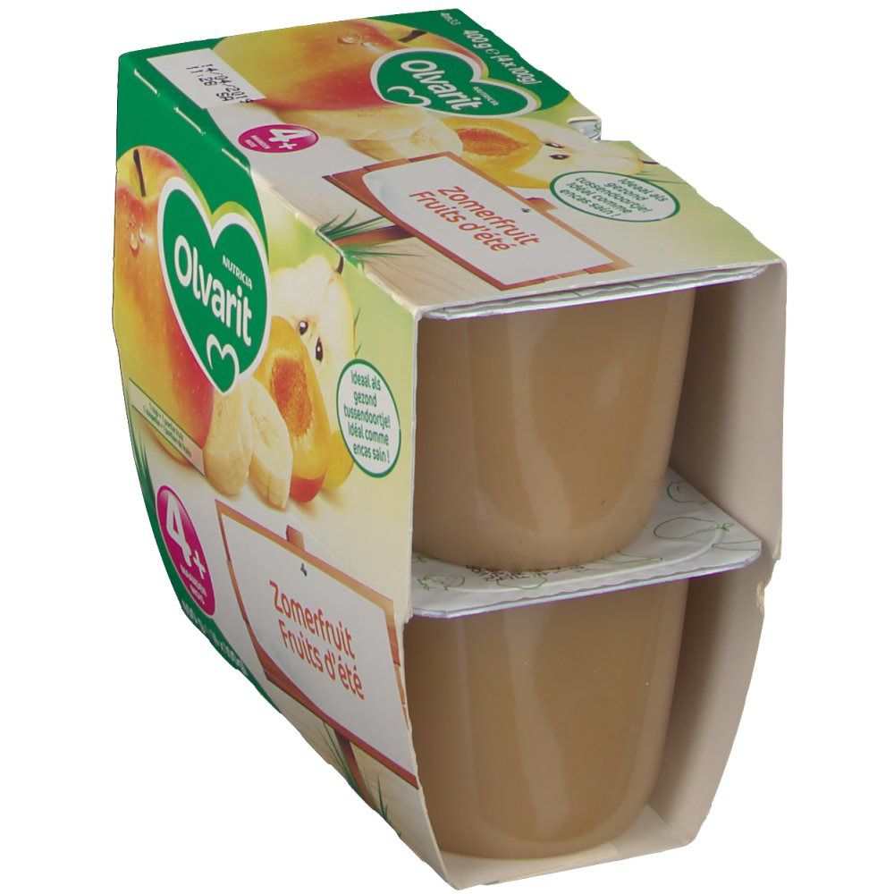 Emballage de deux pots de collation aux fruits d'été. Logo Olvarit et nom du produit visibles. Recommandé pour les 4-36 mois.