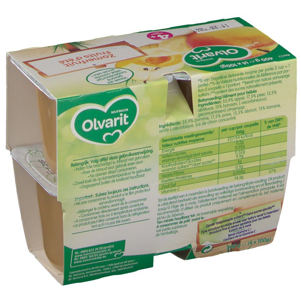Dos de l'emballage avec informations nutritionnelles et liste des ingrédients. Logo Olvarit et nom du produit visibles. Texte multilingue.