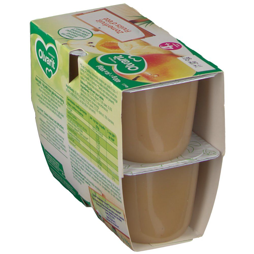 Emballage de deux pots de collation aux fruits d'été. Logo Olvarit et nom du produit visibles. Recommandé pour les 4-36 mois. Vue oblique.