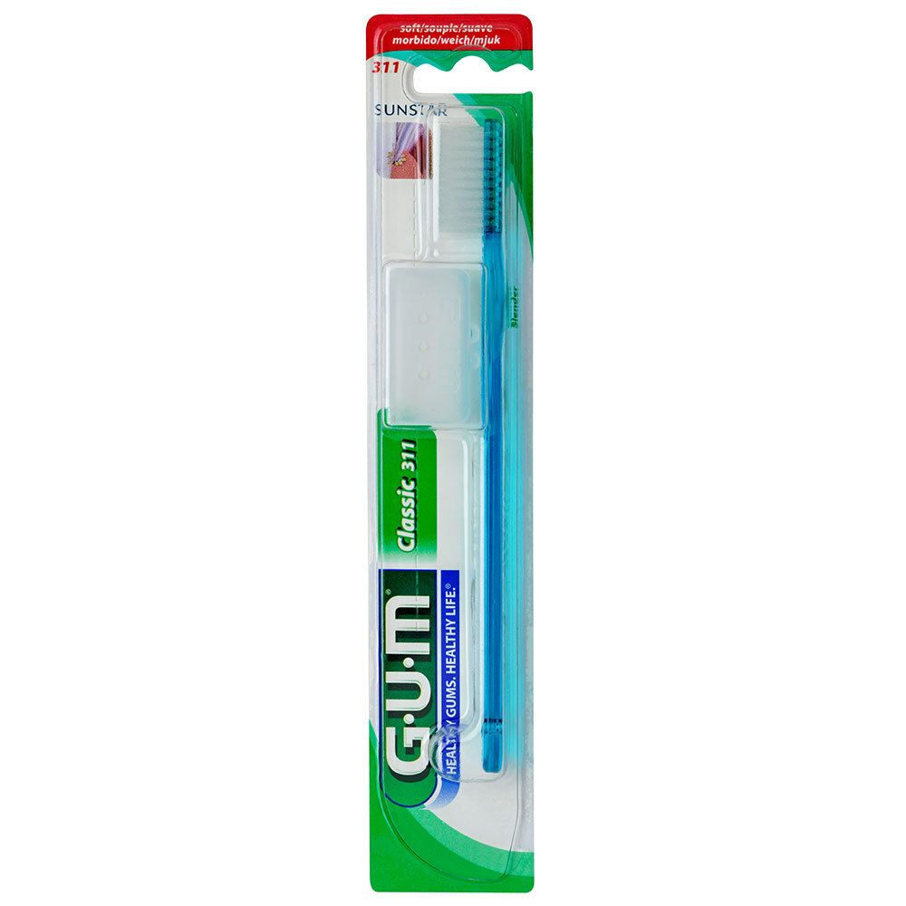 Brosse à dents en blister. Brosse bleue avec manche transparent. G.U.M Classic 311.