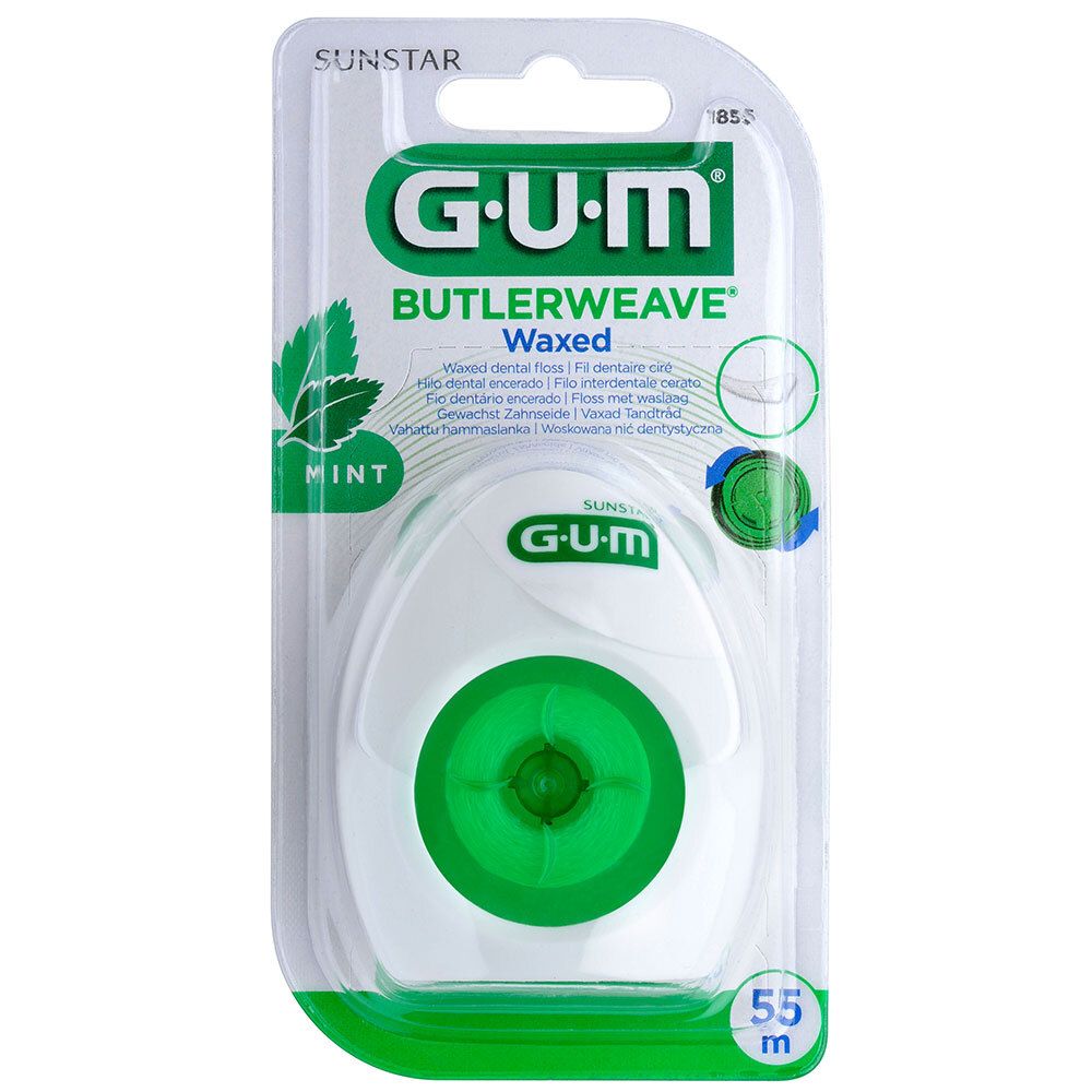 Distributeur de fil dentaire G.U.M. Butlerweave Waxed, menthe, en blister. 55 m.