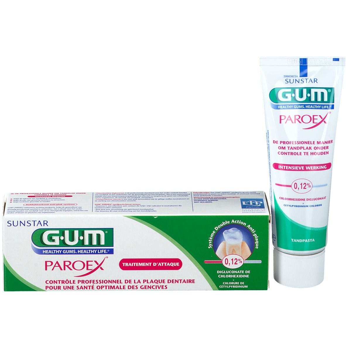 GUM Paroex Zahnpasta-Tube und Kartonverpackung mit 0,12% Chlorhexidin.