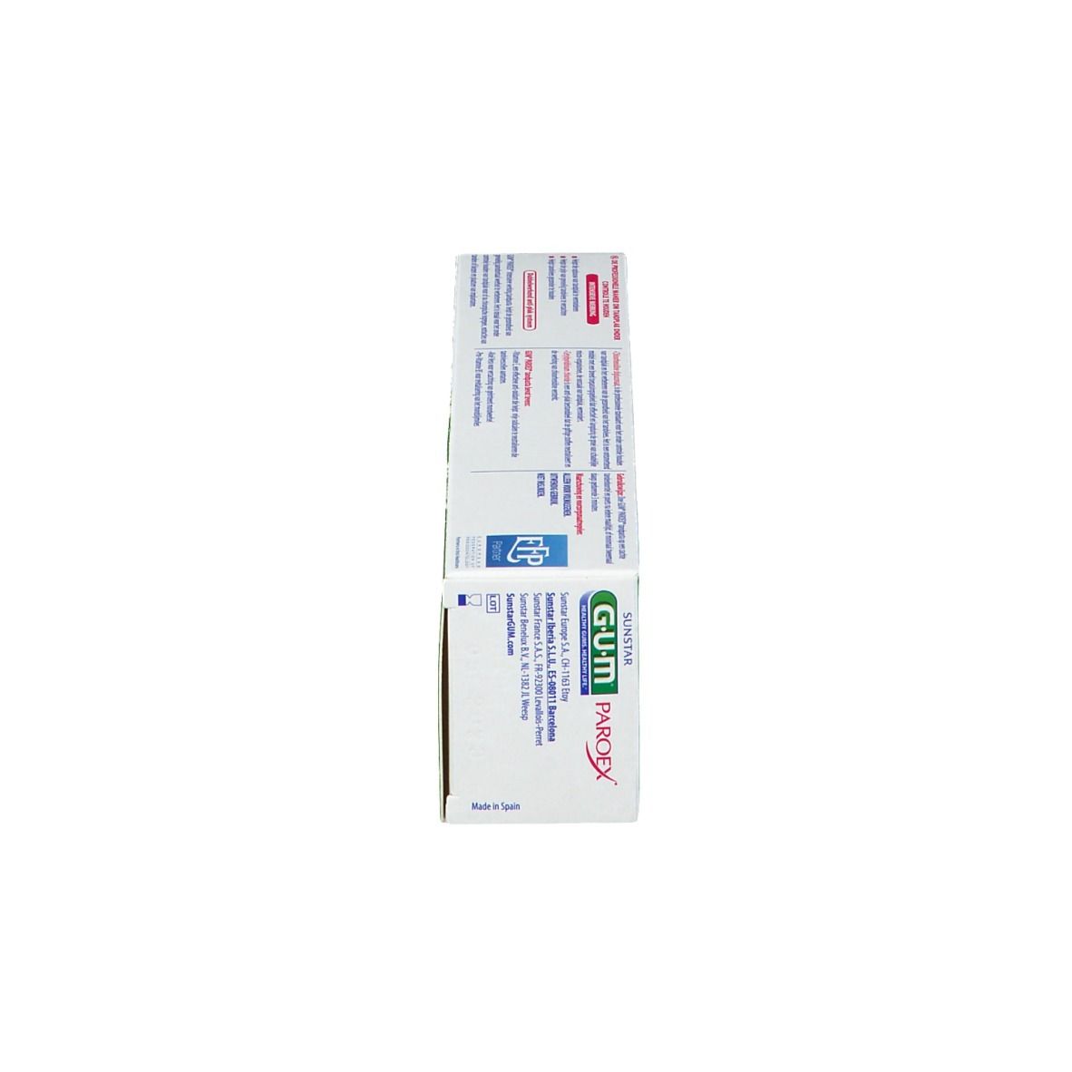 GUM Parodontax Zahnpasta-Verpackung mit Text und Logo.
