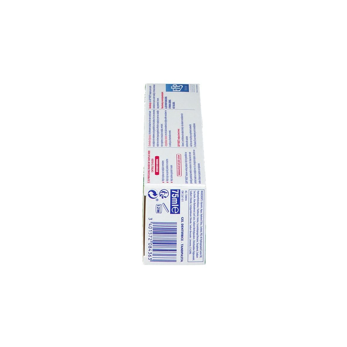Zahncreme-Verpackung, 75ml, mit Barcode und Produktinformationen.