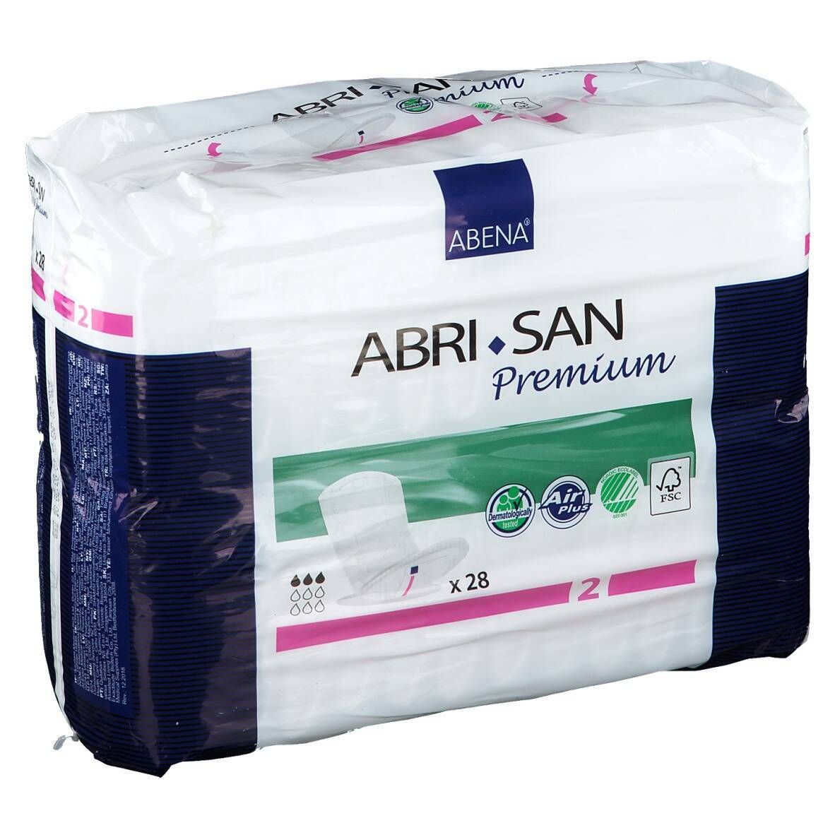 Paquet de protections Abri-San Premium. Logo Abena. 28 unités. Taille 2. Certification FSC.