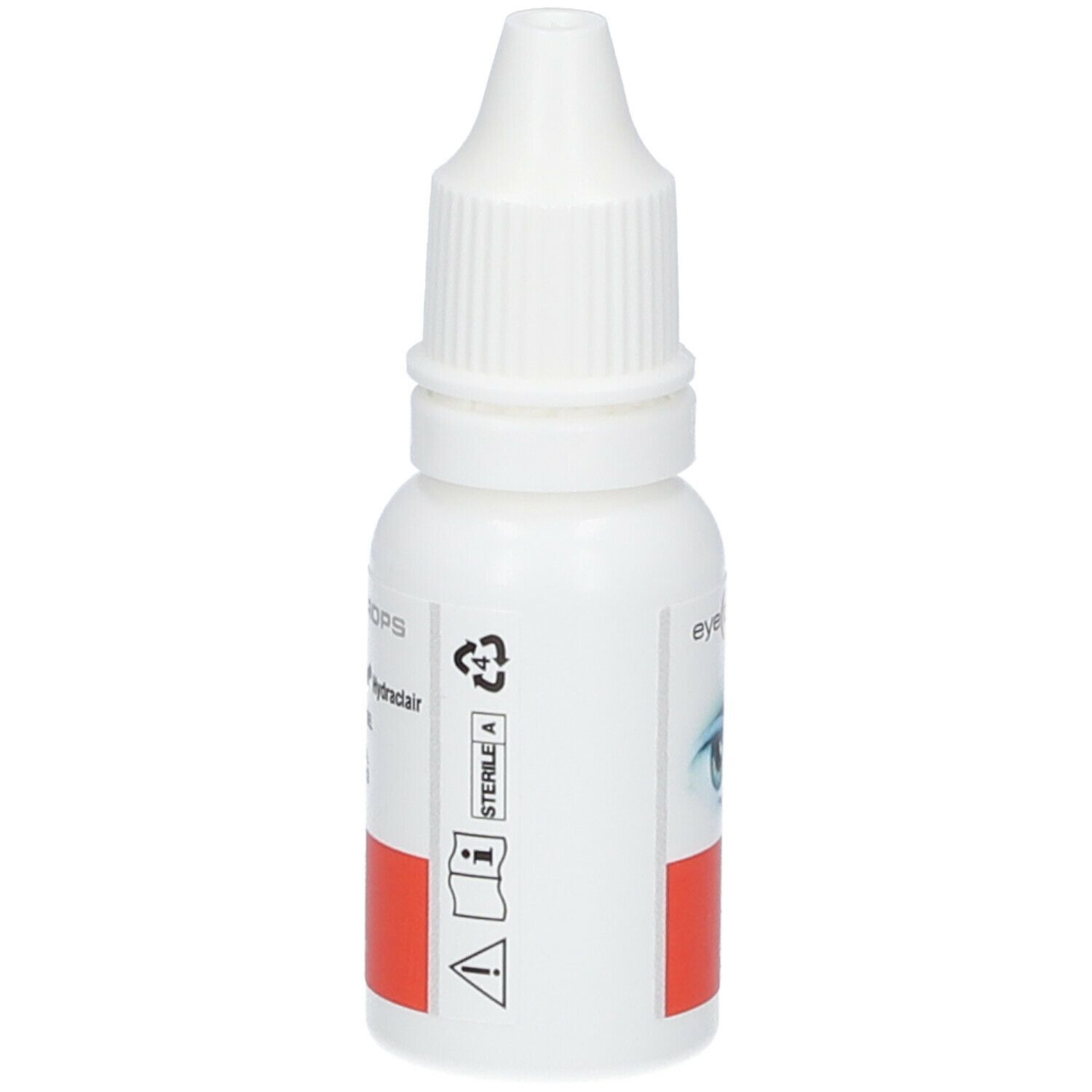 Weiße Augentropfenflasche mit rotem Etikett. Aufdruck: eye(DROPS) und ein Auge. Rückseite mit Text und Symbolen.