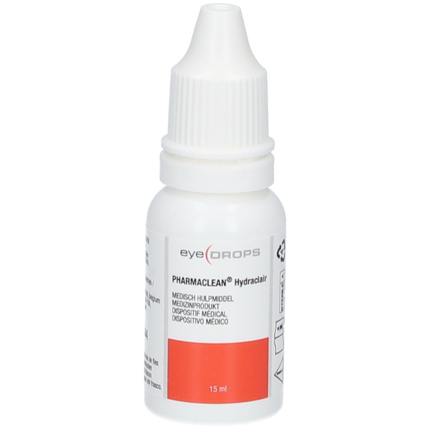 Weiße Augentropfenflasche mit rotem Etikett. Aufdruck: eye(DROPS) und ein Auge. Produktname: PHARMACLEAN Hydraclair.