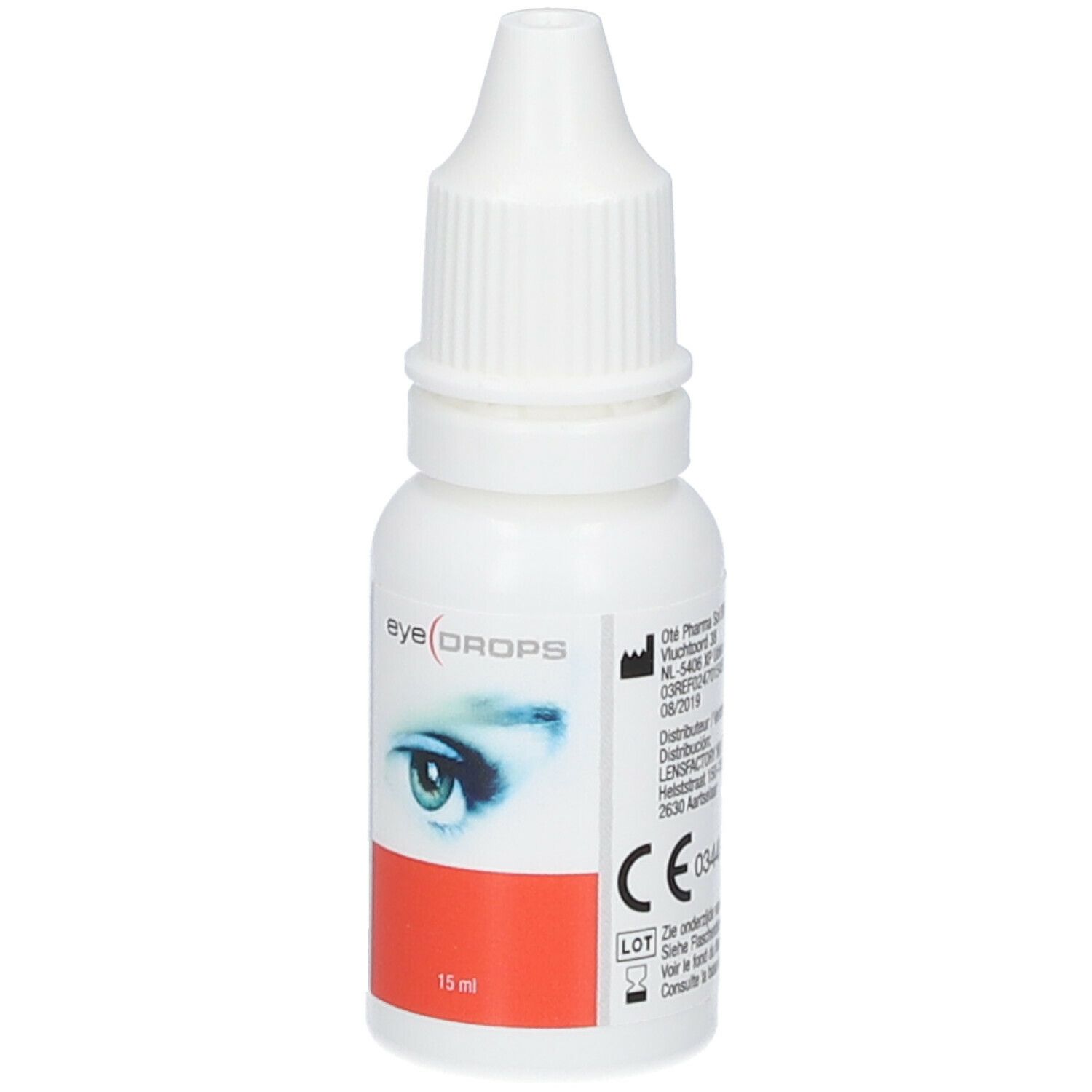 Weiße Augentropfenflasche mit rotem Etikett. Aufdruck: eye(DROPS) und ein Auge. Mit CE-Kennzeichnung und 15 ml.