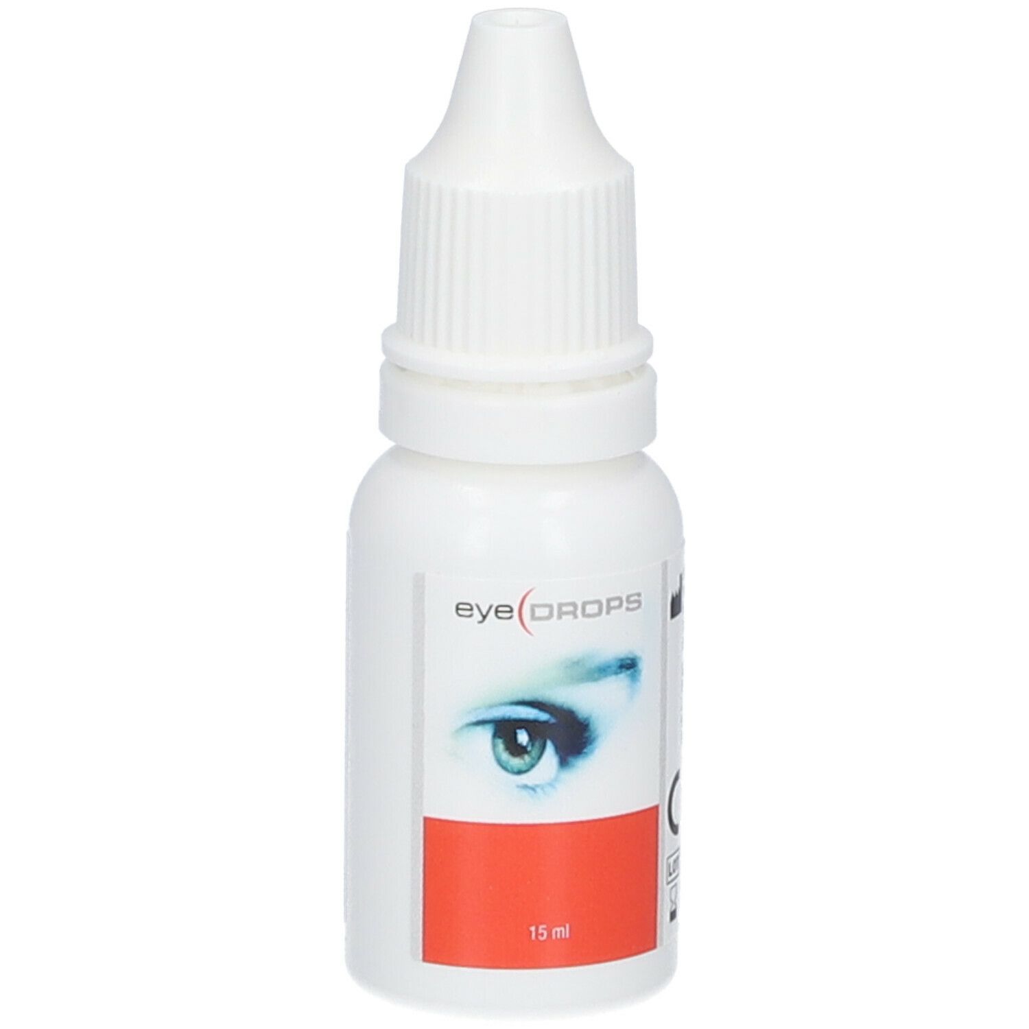Weiße Augentropfenflasche mit rotem Etikett. Aufdruck: eye(DROPS) und ein Auge. Mit CE-Kennzeichnung und 15 ml.