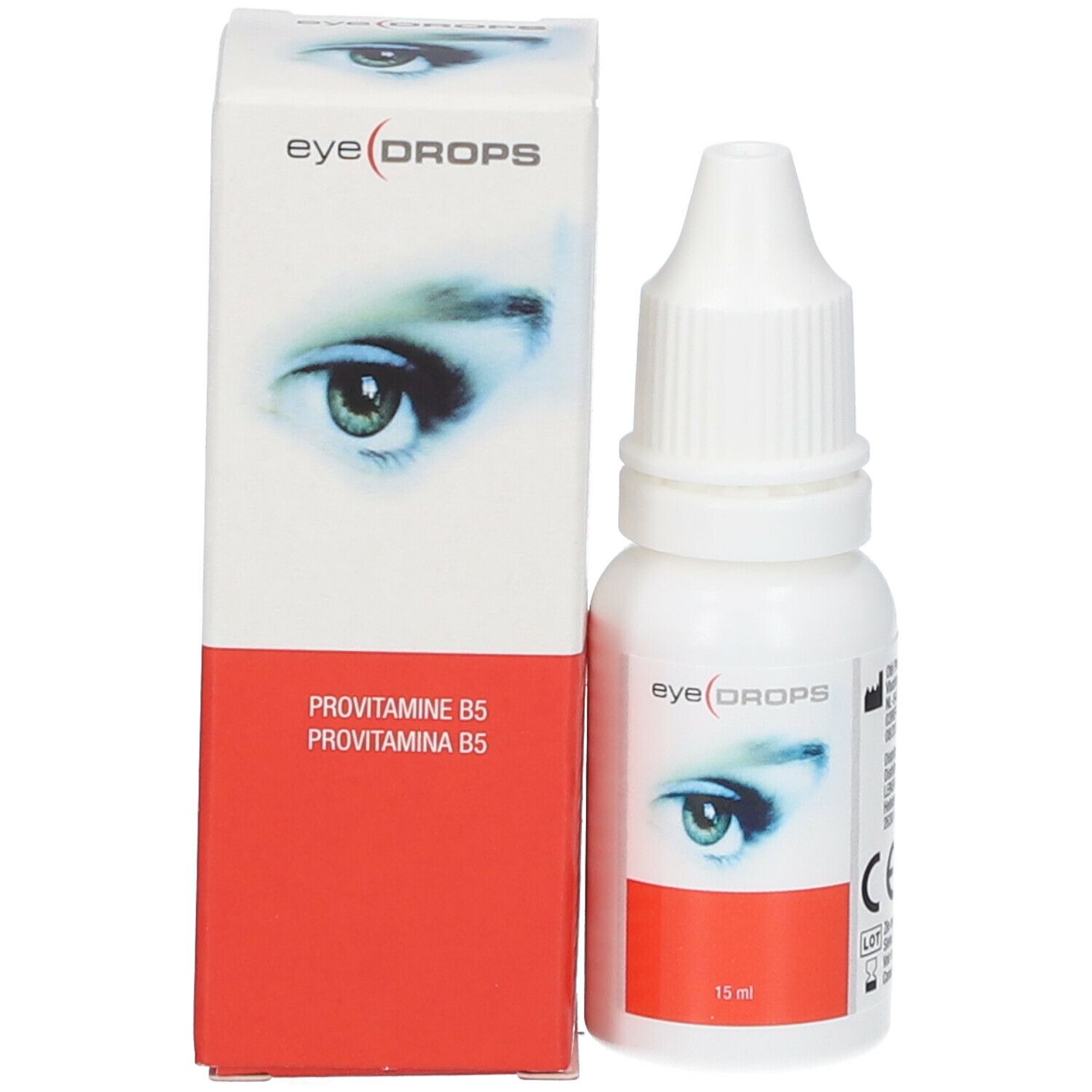 Augentropfenflasche und Schachtel. Aufdruck: eye(DROPS) und ein Auge. Schachtel mit rotem Feld und Text: PROVITAMINE B5.