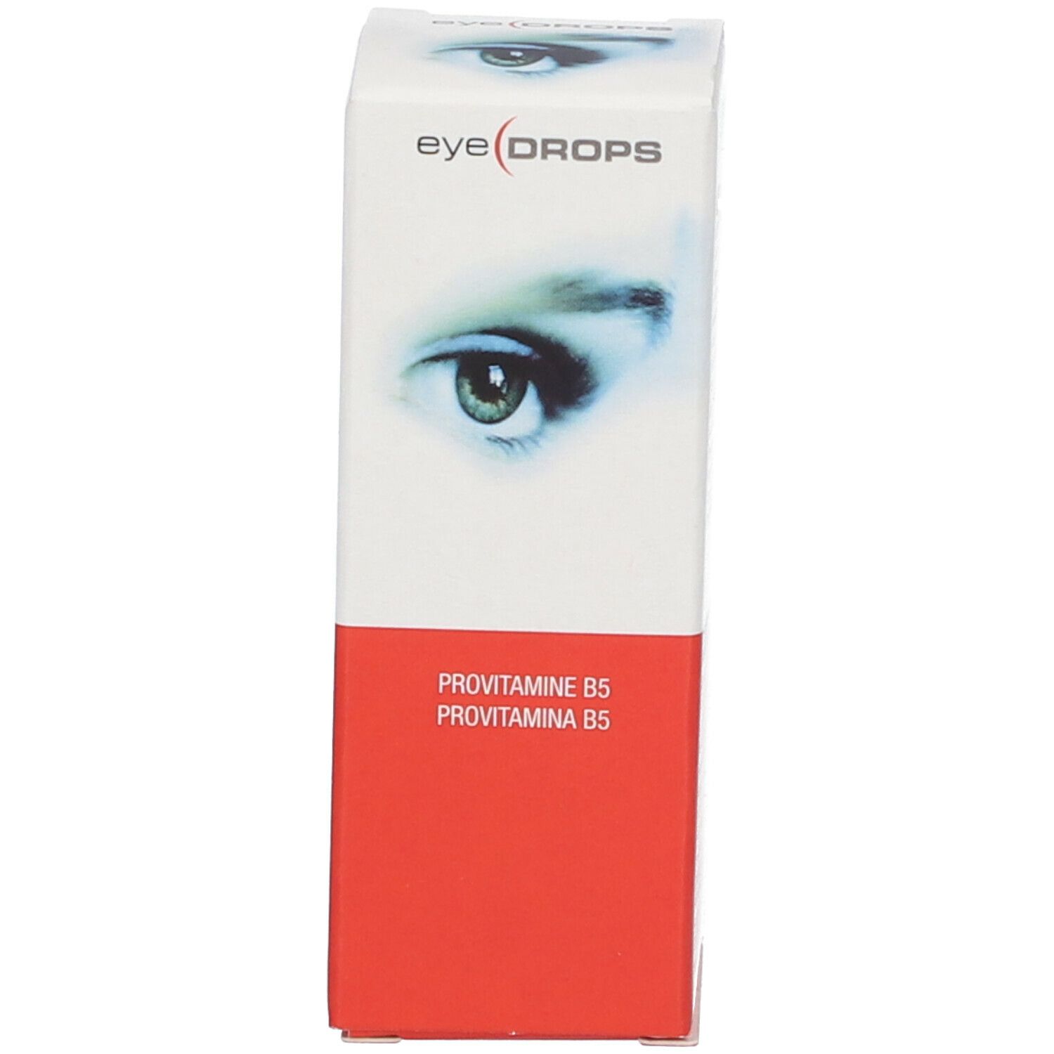 Schachtel mit rotem Feld und Text: PROVITAMINE B5. Aufdruck: eye(DROPS) und ein Auge. Weiße Verpackung.