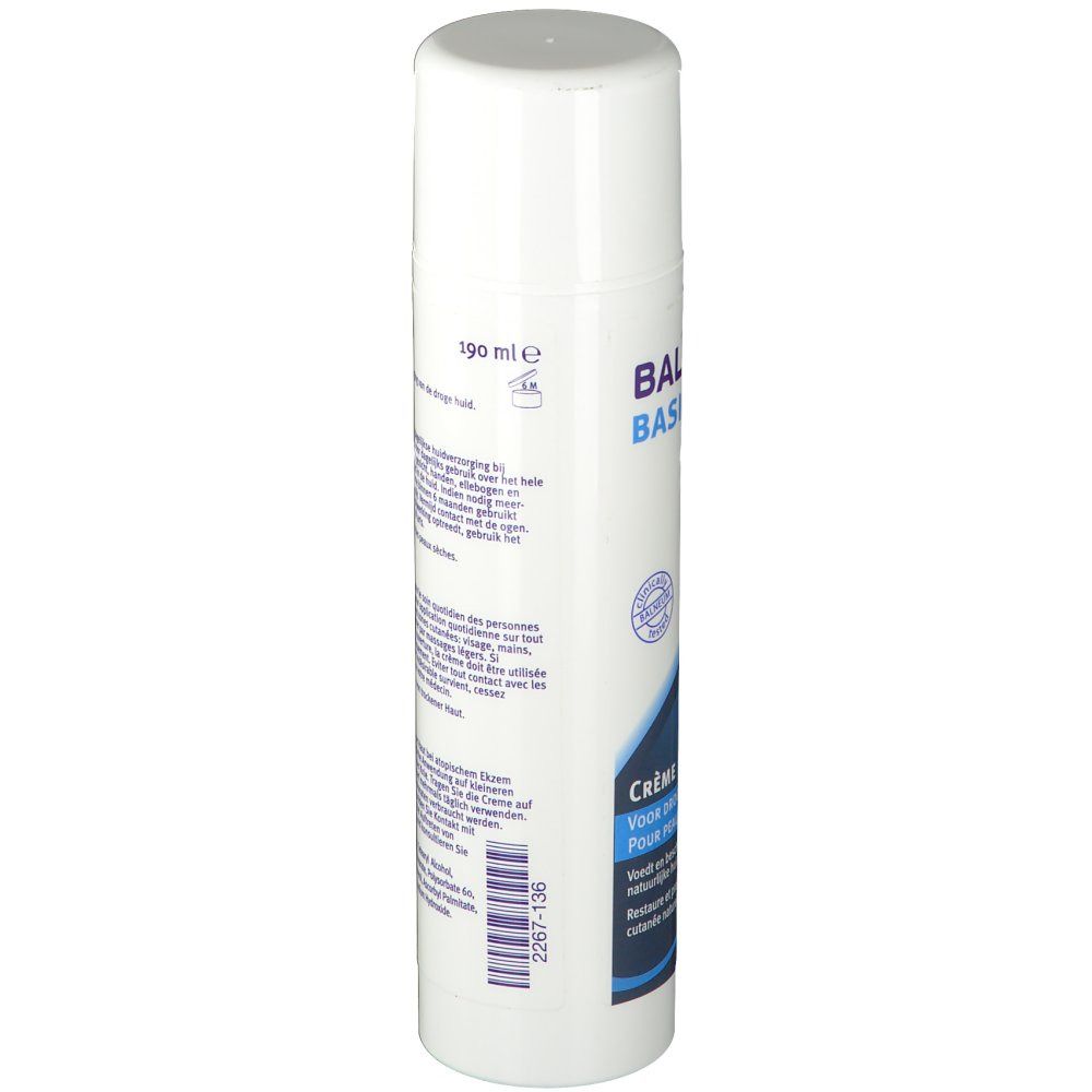 Flacon blanc. "190 ml e" et "Balneum Basis". Accents bleus.