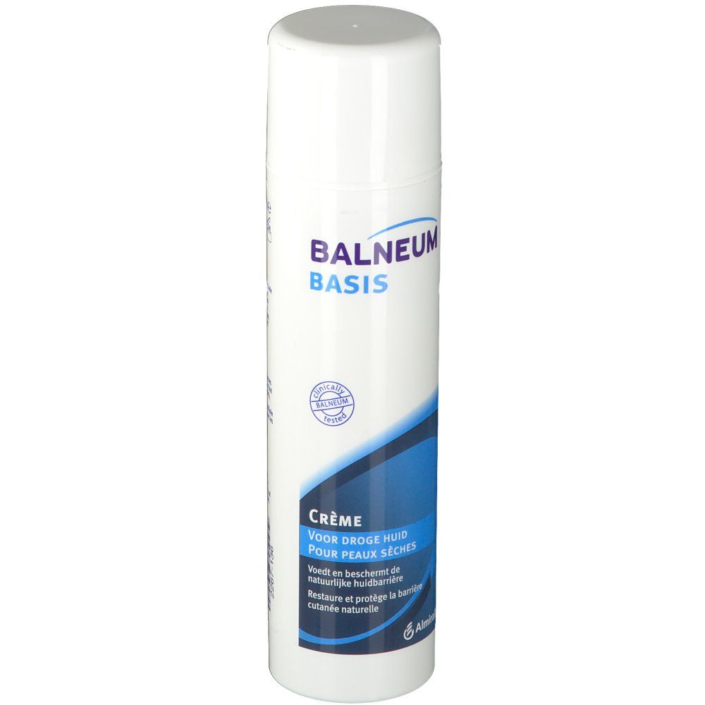 Flacon blanc avec "Balneum Basis". Accents bleus. "Crème pour peaux sèches" en dessous.