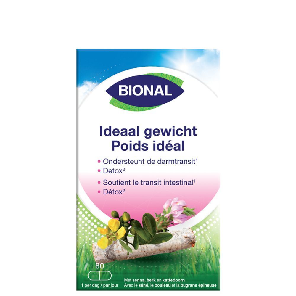 Bional verpakking. Opschrift: 'Ideaal gewicht Poids idéal'. Bevat 80 capsules. Met ingrediënten en bloemen illustraties.