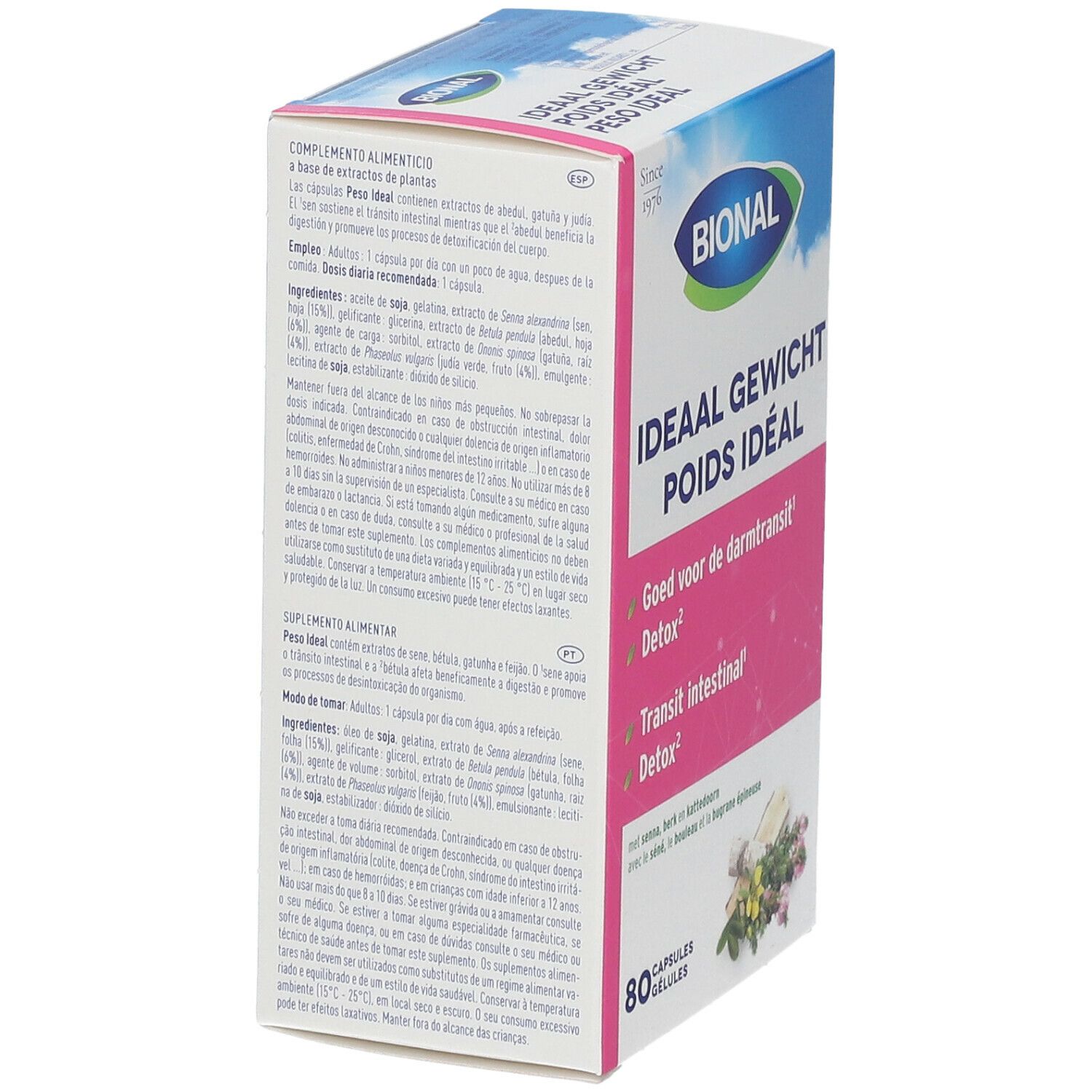 Zijkant Bional verpakking. Opschrift 'Ideaal gewicht Poids idéal'. Bevat 80 capsules. Met ingrediënten.