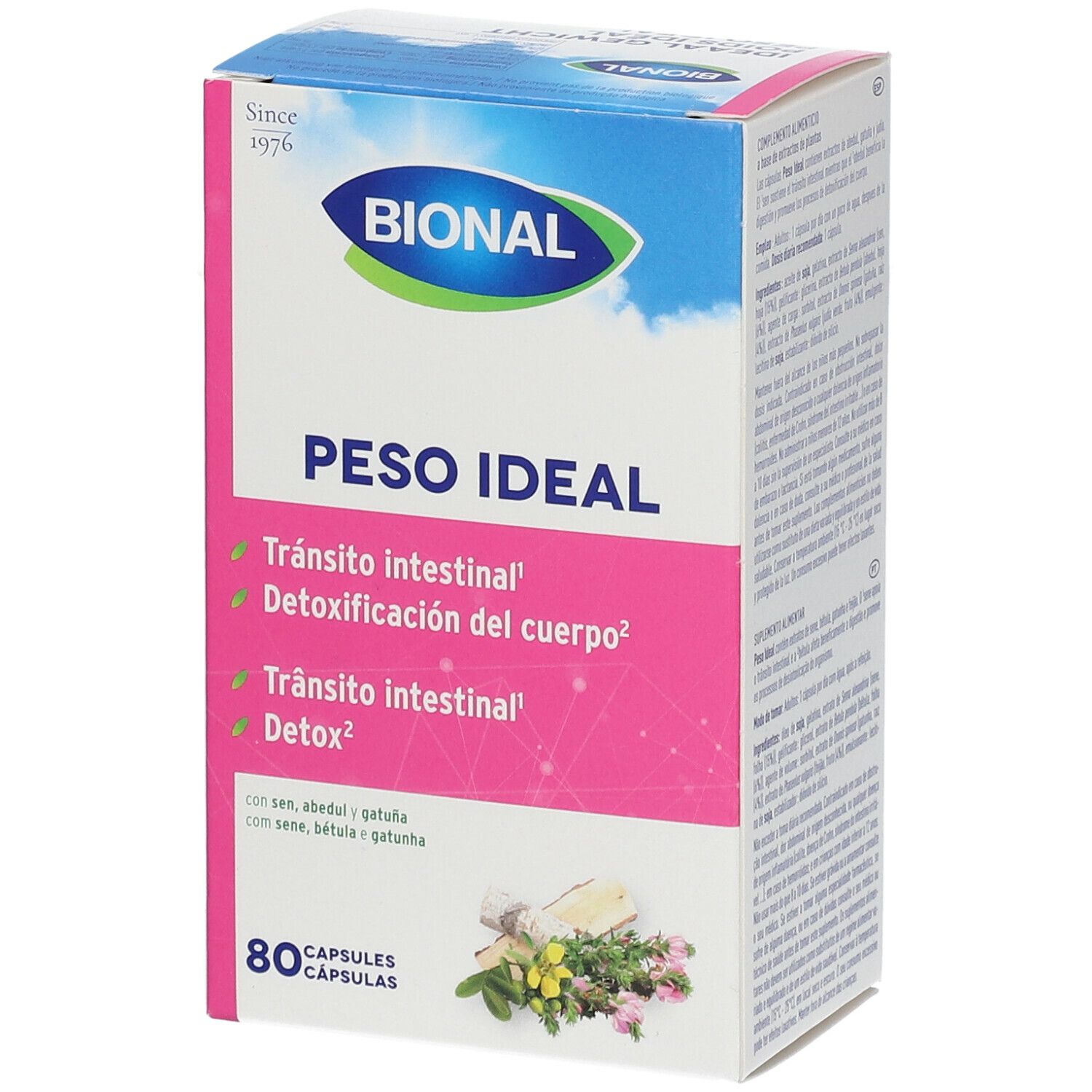 Bional verpakking. Opschrift: 'Peso ideal'. Bevat 80 capsules. Met ingrediënten en bloemen illustraties.