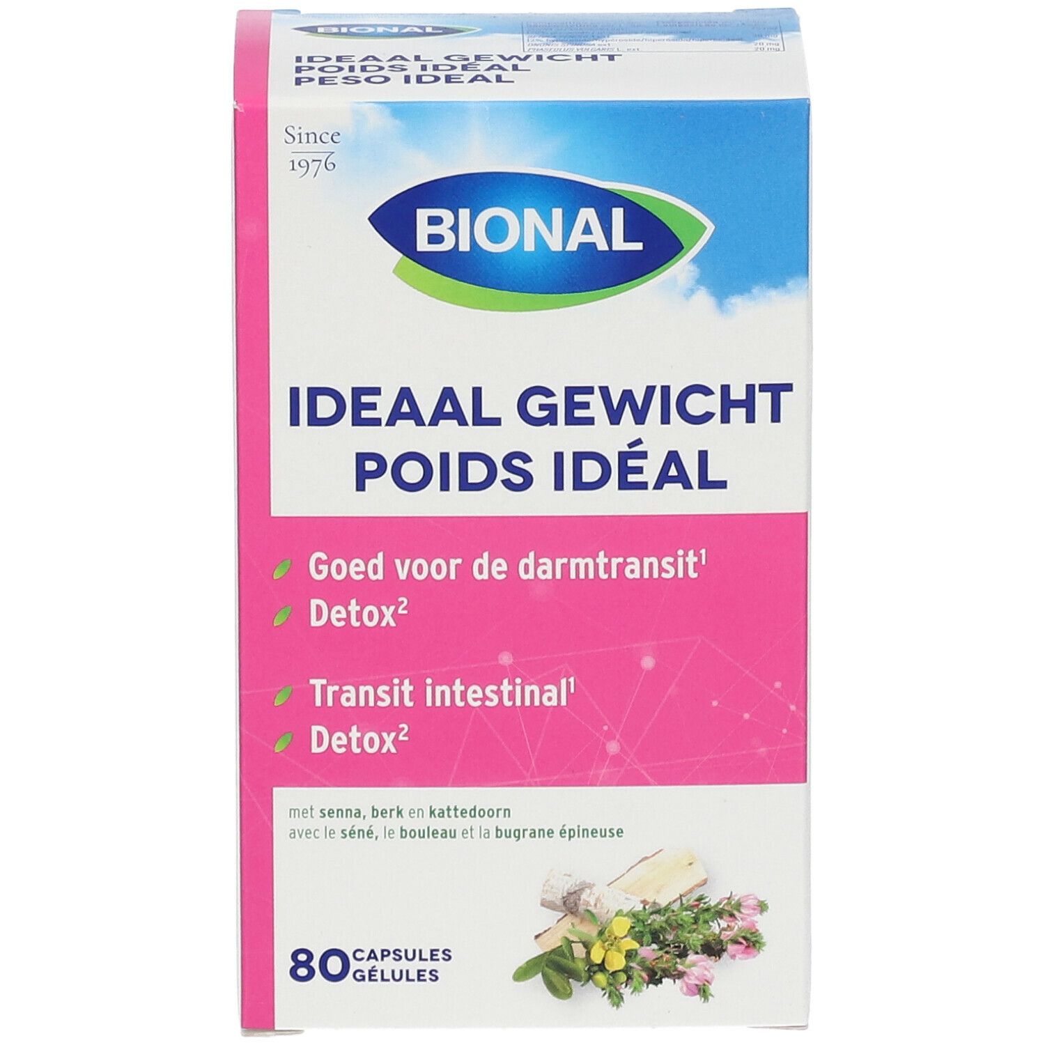 Bional verpakking. Opschrift: 'Ideaal gewicht Poids idéal'. Bevat 80 capsules. Met ingrediënten en bloemen illustraties.